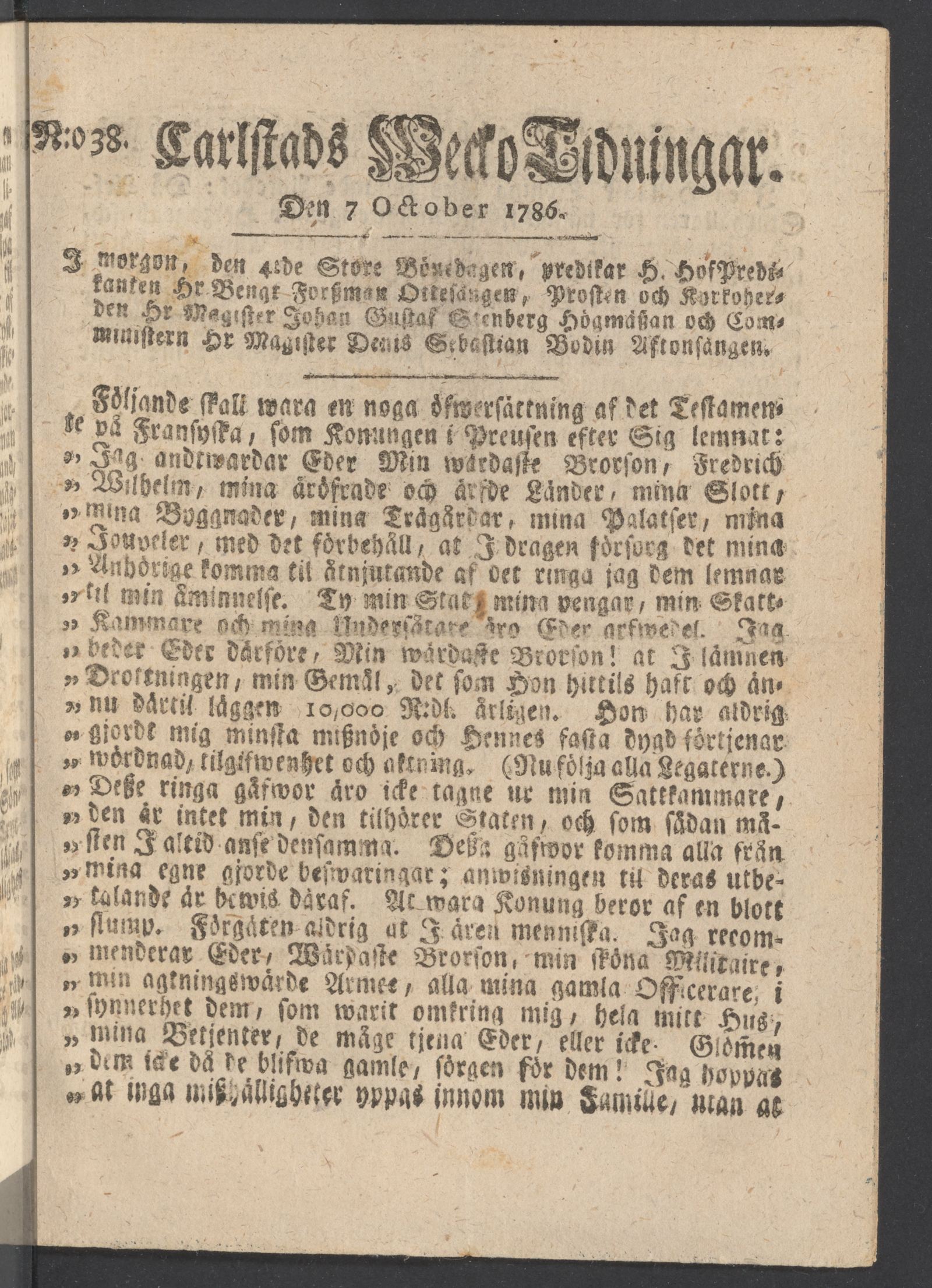 Tidningssida ur CARLSTADS WECKOTIDNINGAR, 1786-10-07