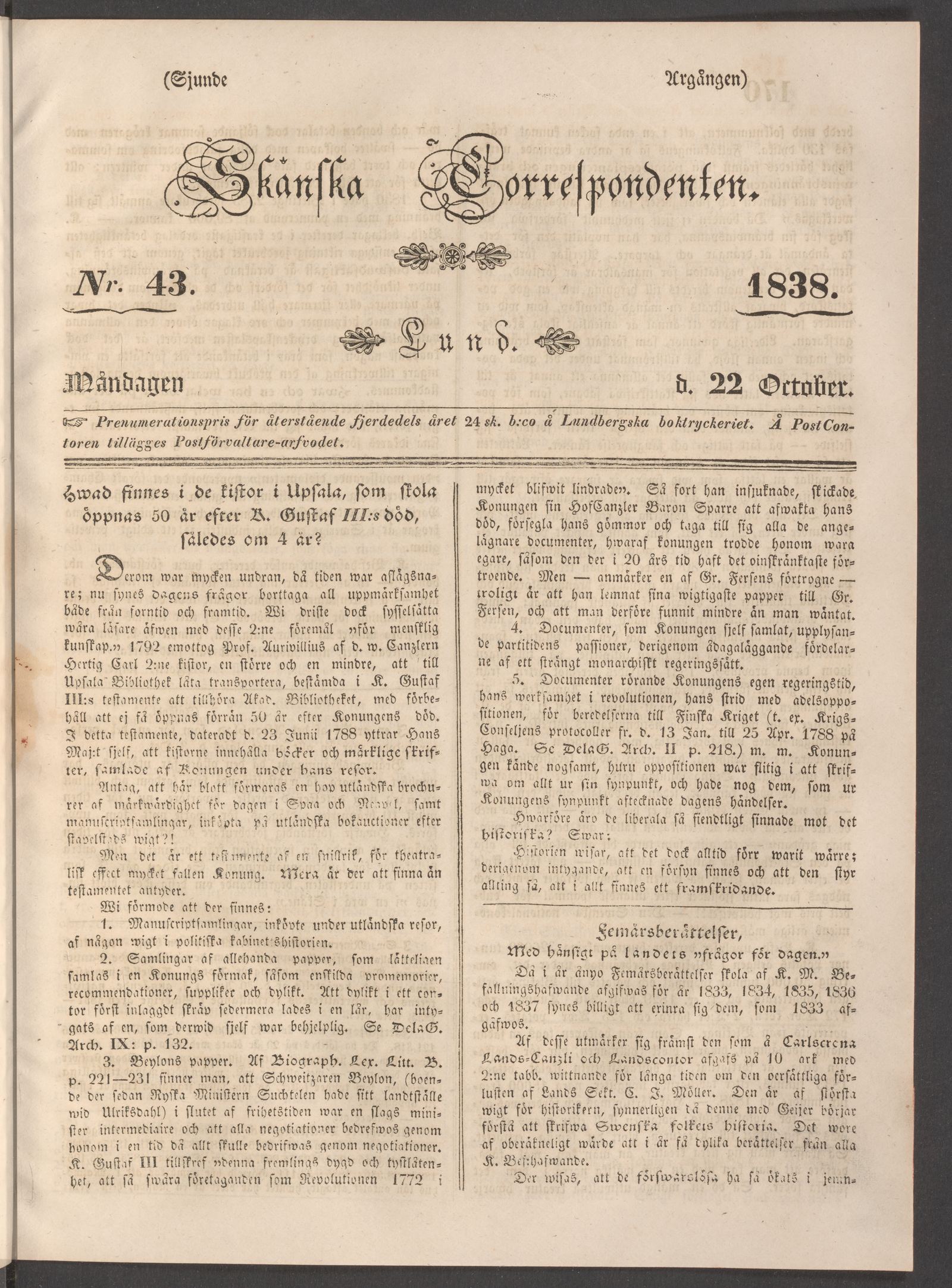 Tidningssida ur SKÅNSKA CORRESPONDENTEN, 1838-10-22