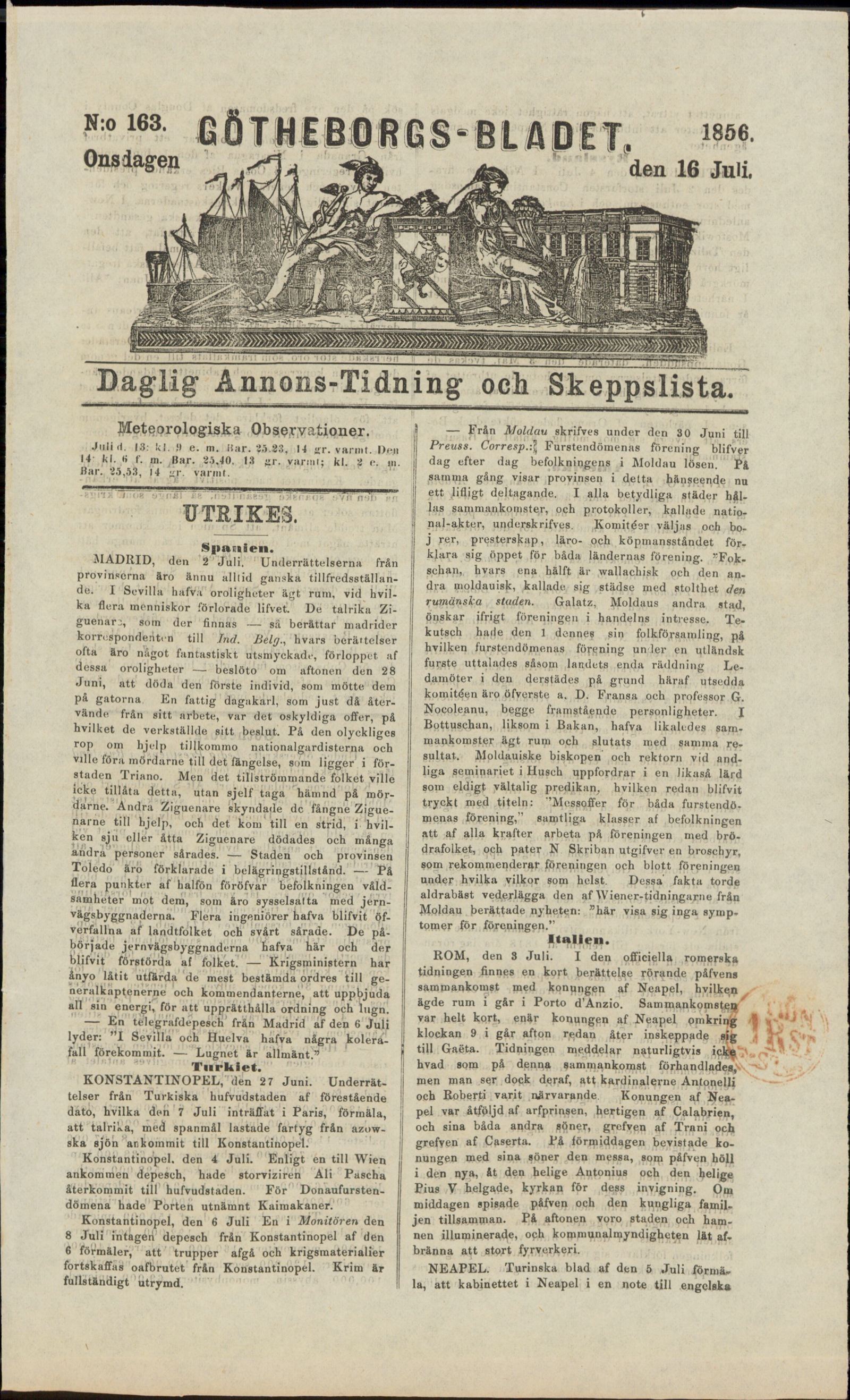 Tidningssida ur GÖTHEBORGSBLADET, 1856-07-16