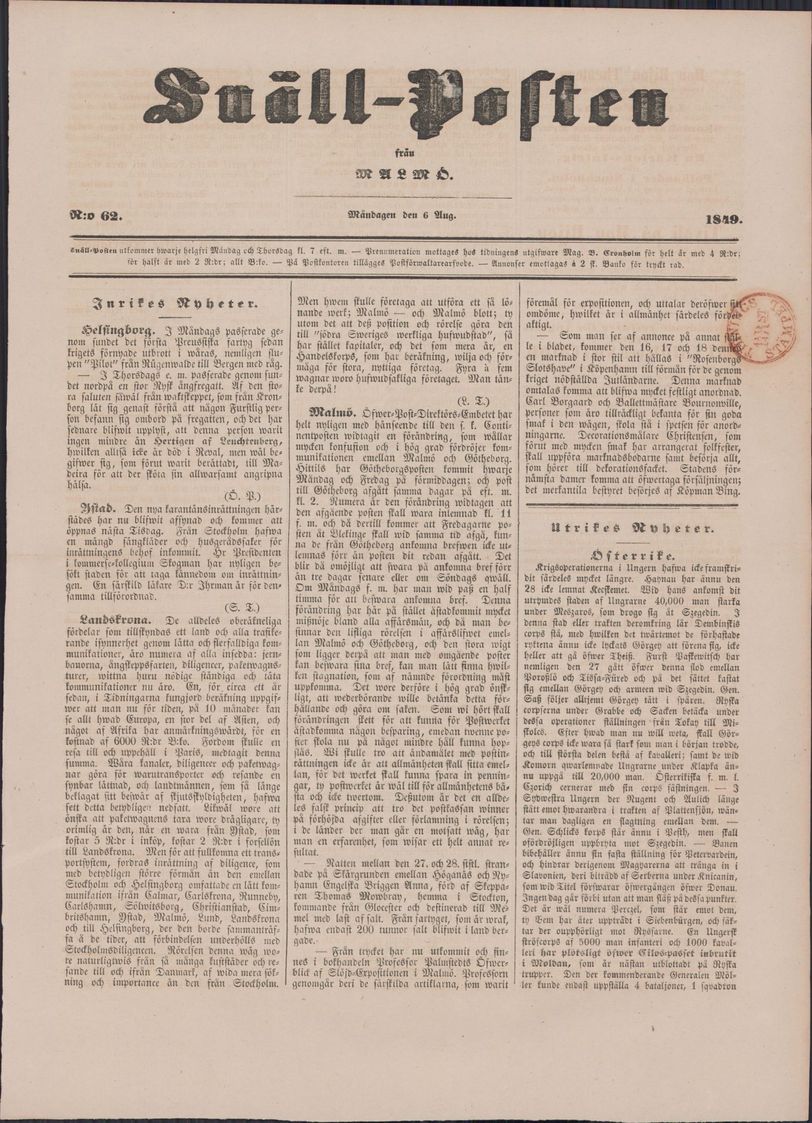 Tidningssida ur SNÄLLPOSTEN, 1849-08-06