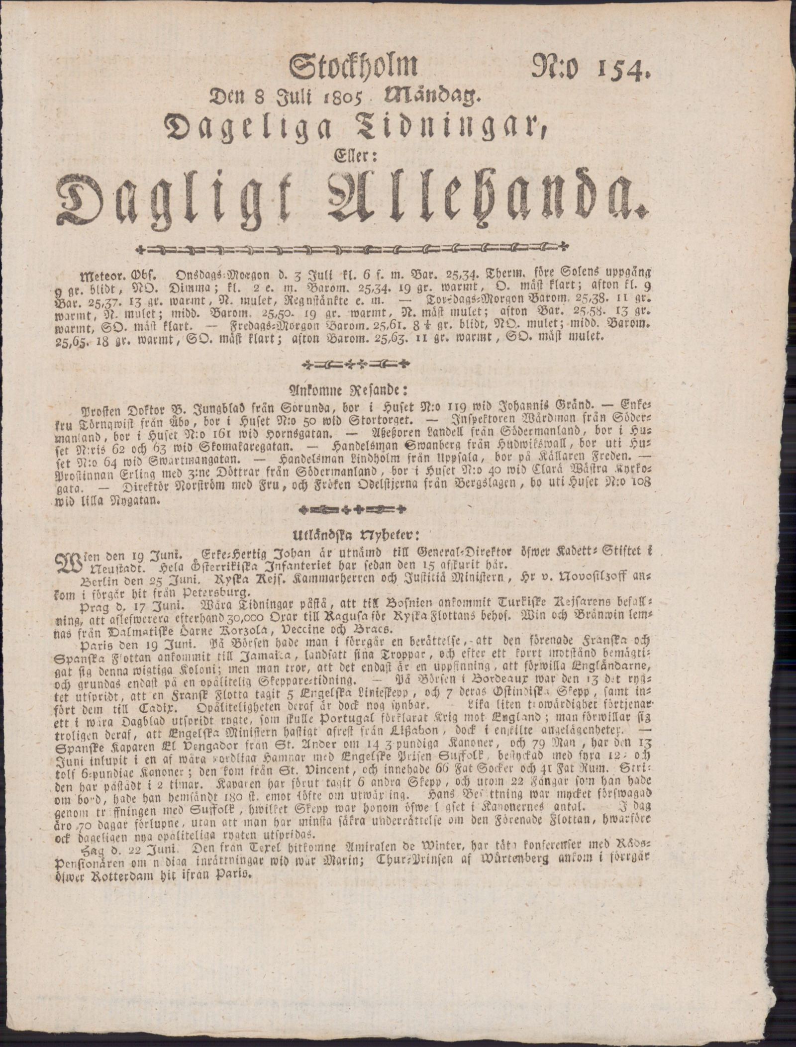Tidningssida ur DAGLIGT ALLEHANDA, 1805-07-08