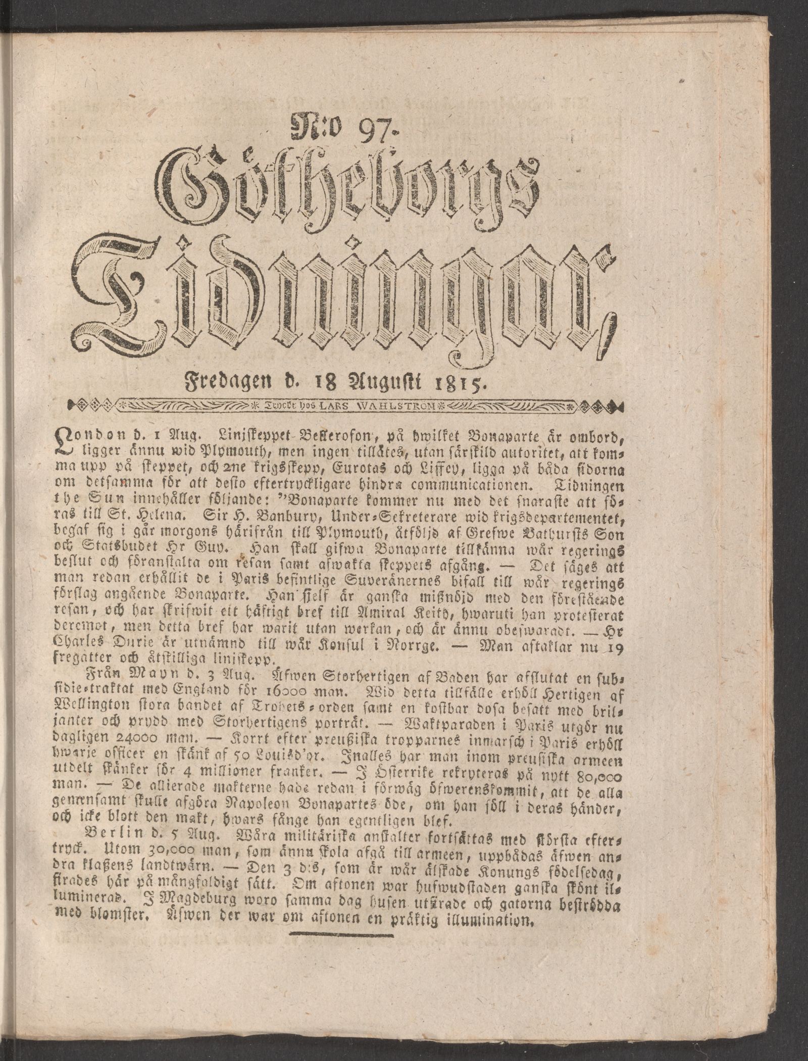 Tidningssida ur GÖTHEBORGS TIDNINGAR, 1815-08-18