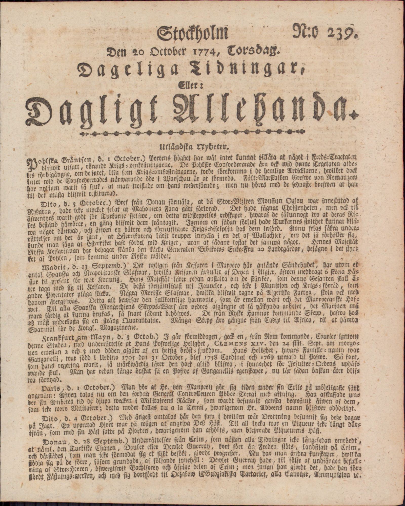 Tidningssida ur DAGLIGT ALLEHANDA, 1774-10-20