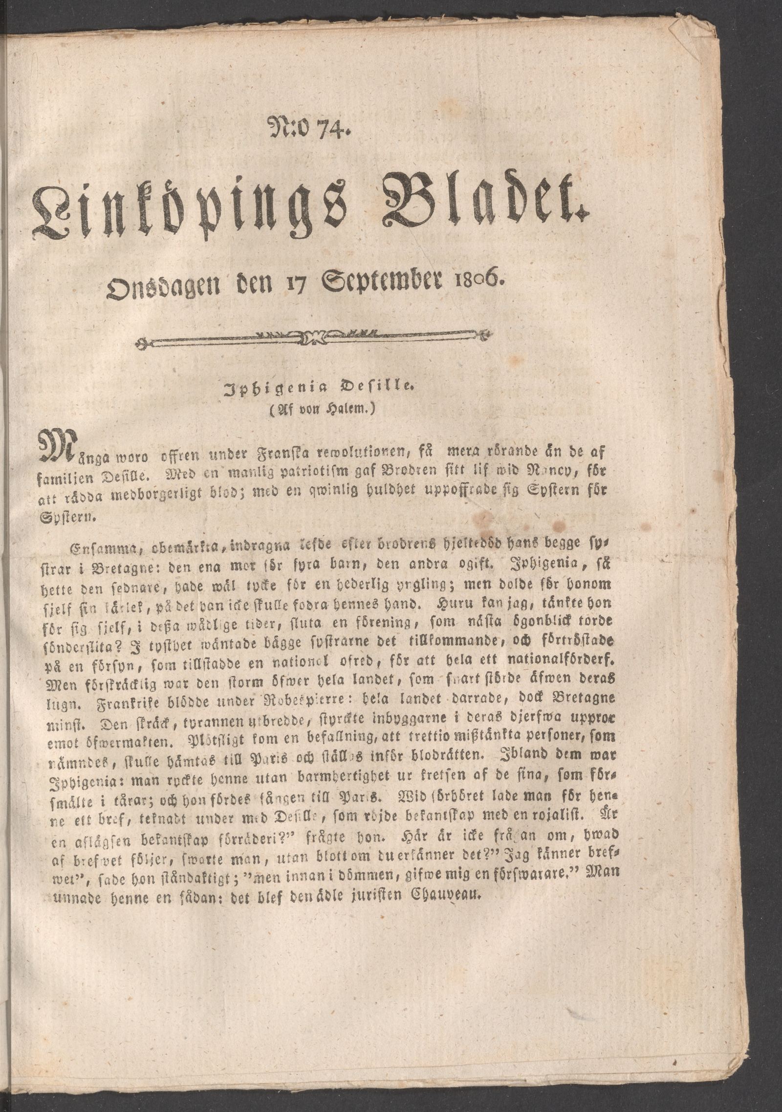 Tidningssida ur LINKÖPINGSBLADET, 1806-09-17