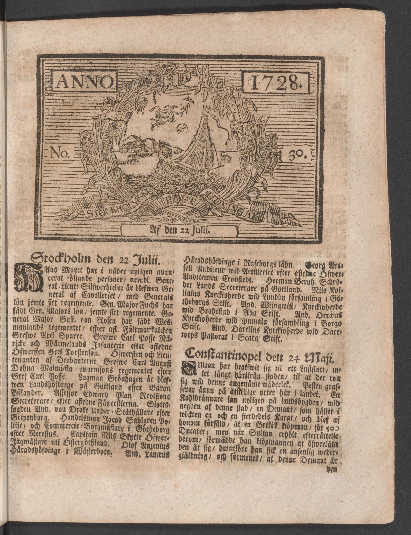 Tidningssida ur POSTTIDNINGAR, 1728-07-22