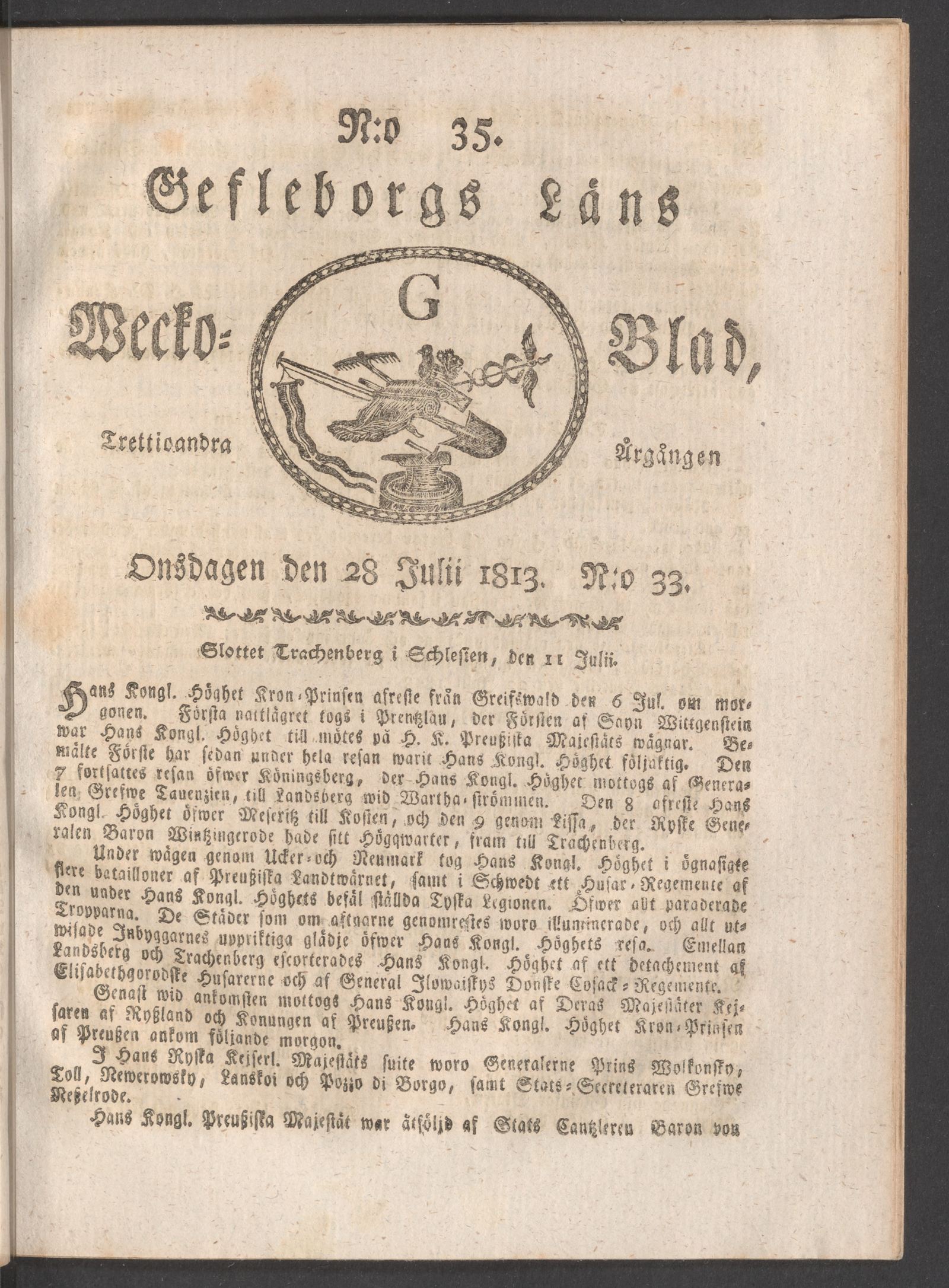 Tidningssida ur WECKOBLAD FÖR GEFLEBORGS LÄN, 1813-07-28