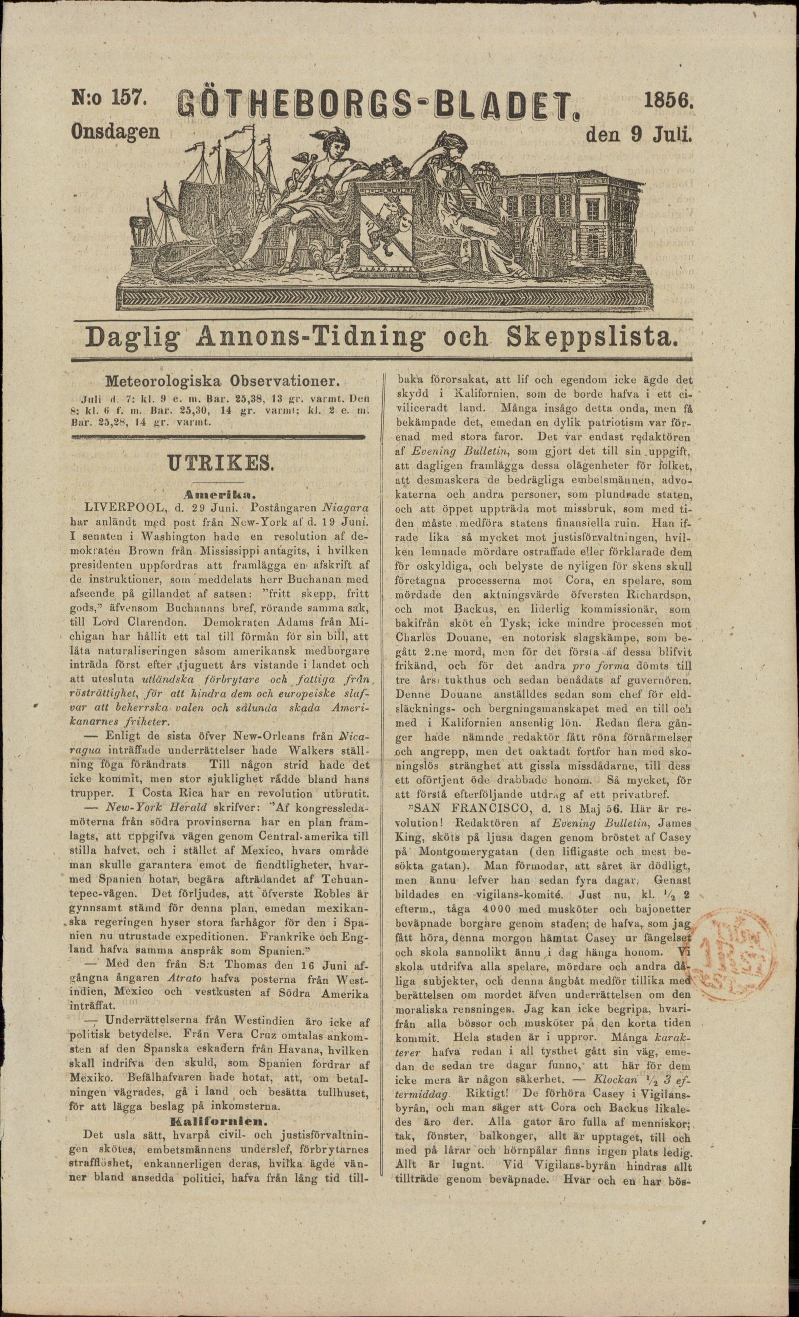Tidningssida ur GÖTHEBORGSBLADET, 1856-07-09
