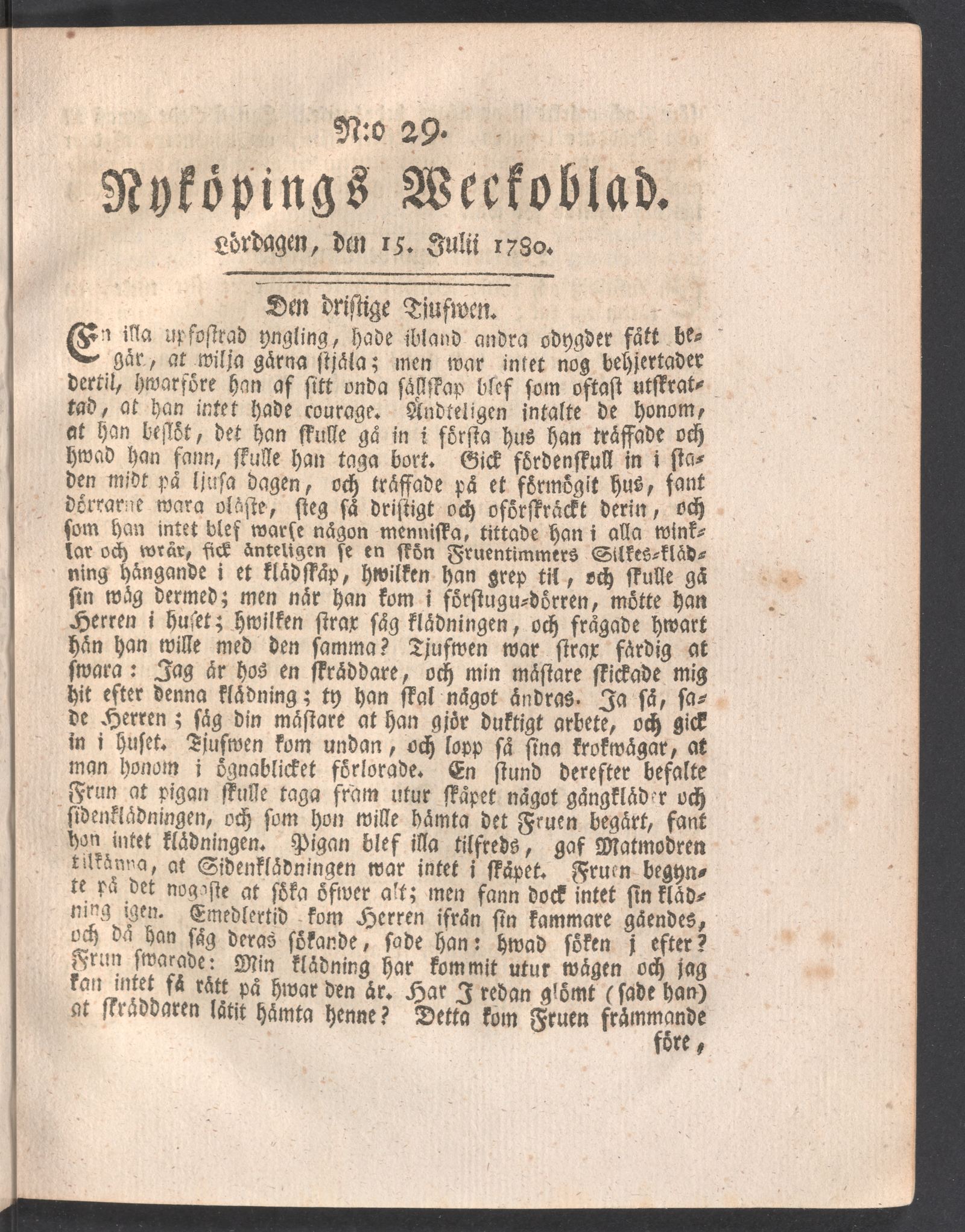 Tidningssida ur NYKÖPINGS WECKOBLAD, 1780-07-15