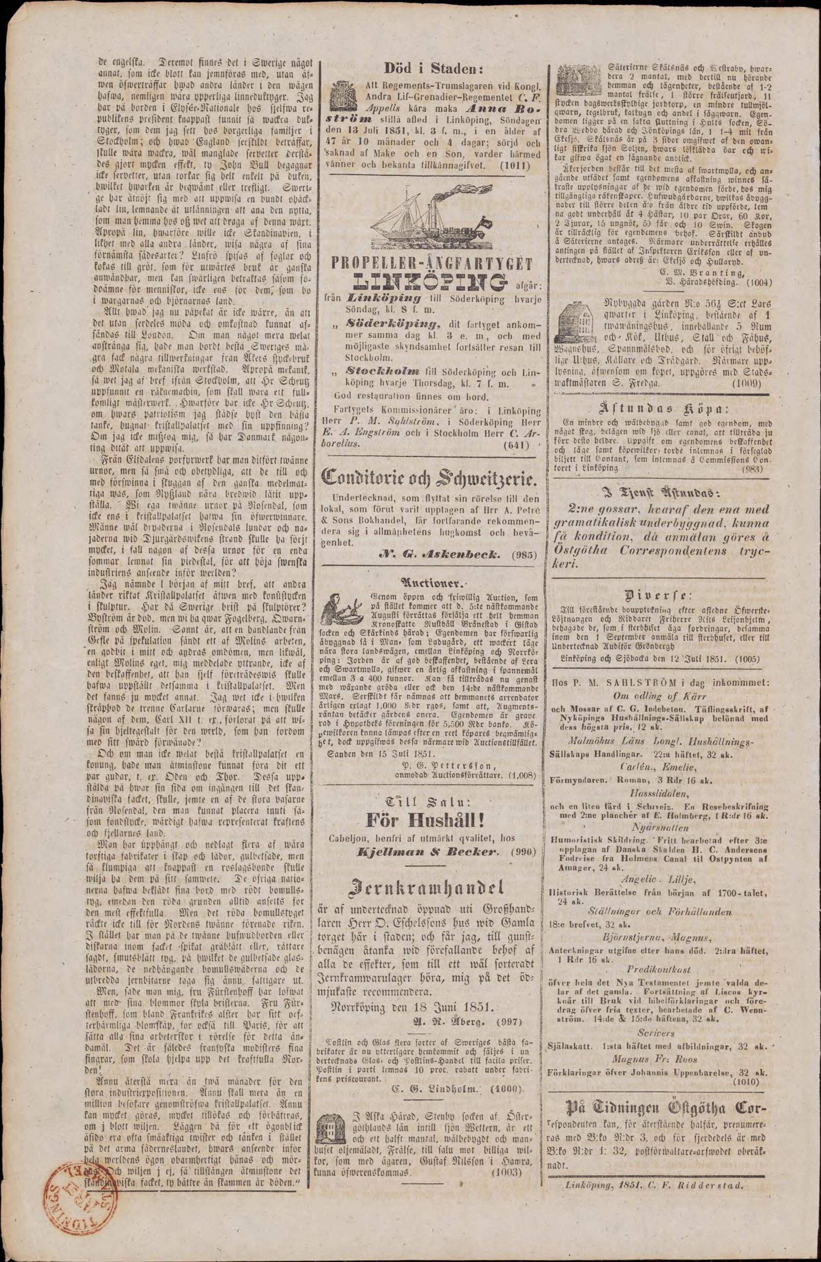 Tidningssida ur Östgöta Correspondenten, 1851-07-16
