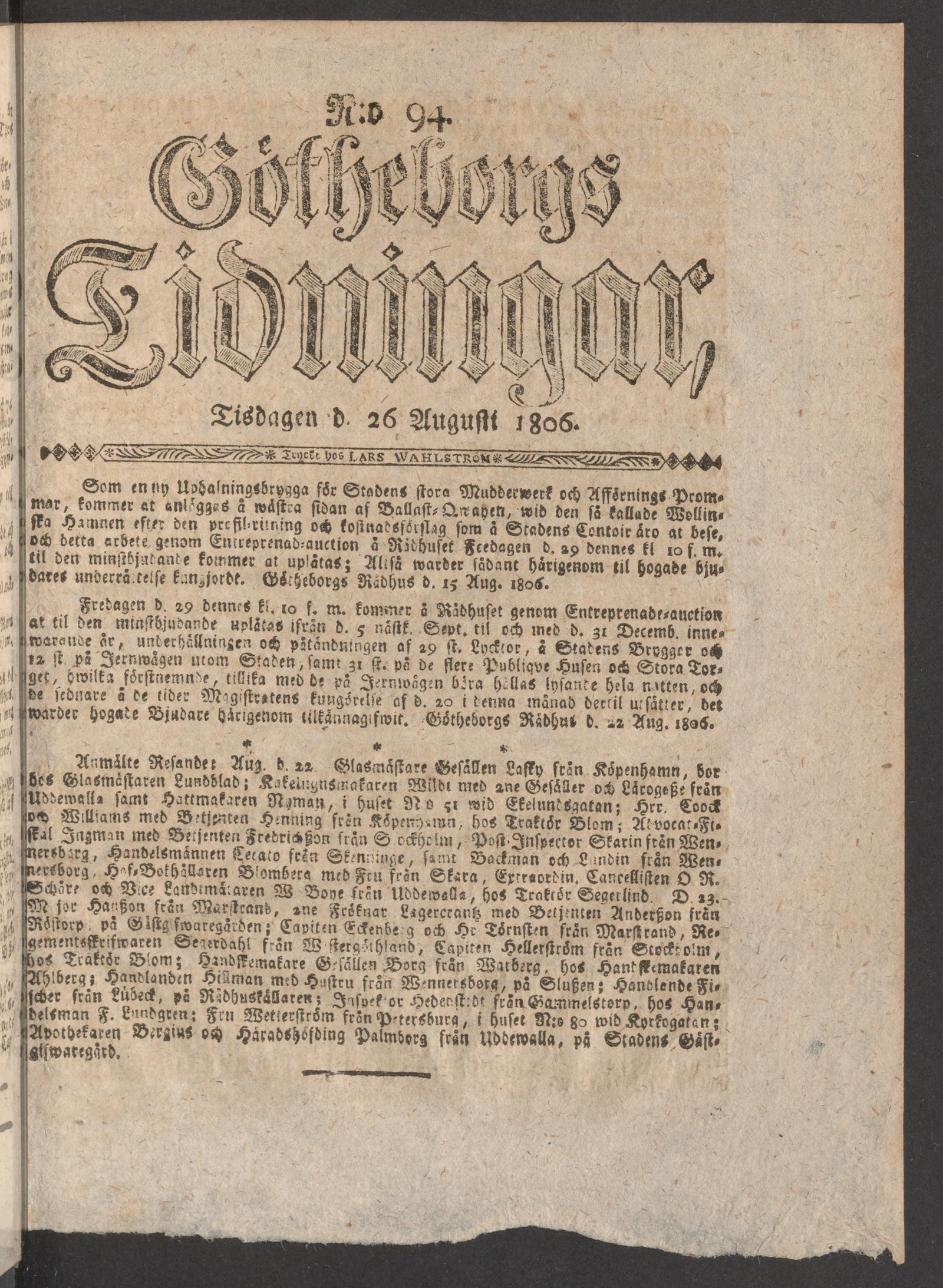 Tidningssida ur GÖTHEBORGS TIDNINGAR, 1806-08-26