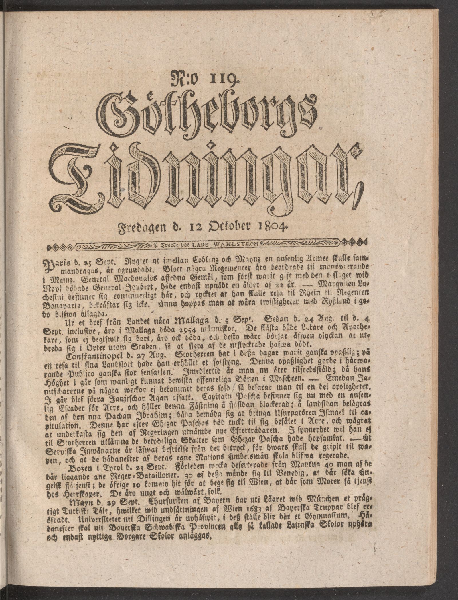 Tidningssida ur GÖTHEBORGS TIDNINGAR, 1804-10-12
