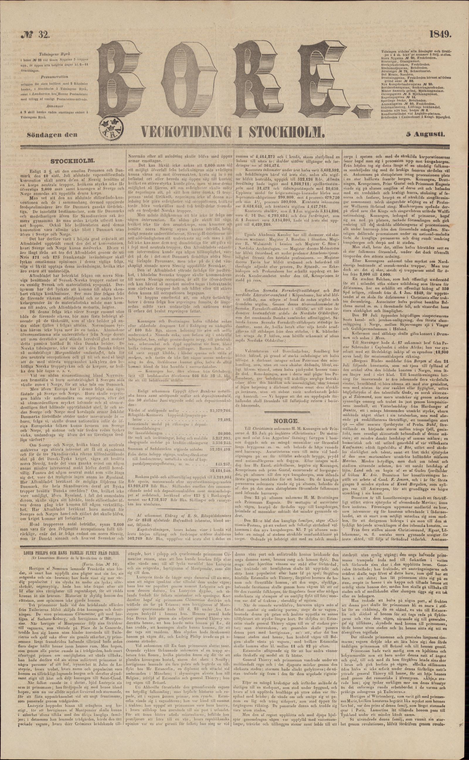 Tidningssida ur BORE, 1849-08-05
