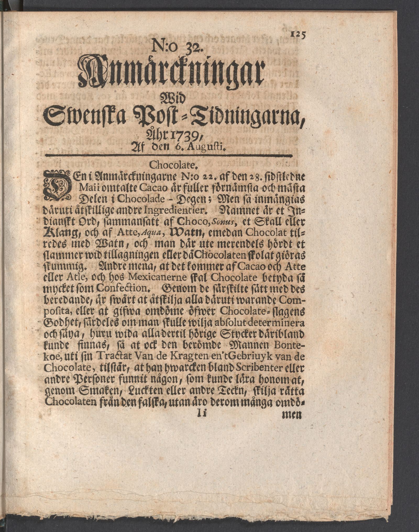 Tidningssida ur ANMÄRCKNINGAR WID SWENSKE POSTTIDNINGARNE, 1739-08-06