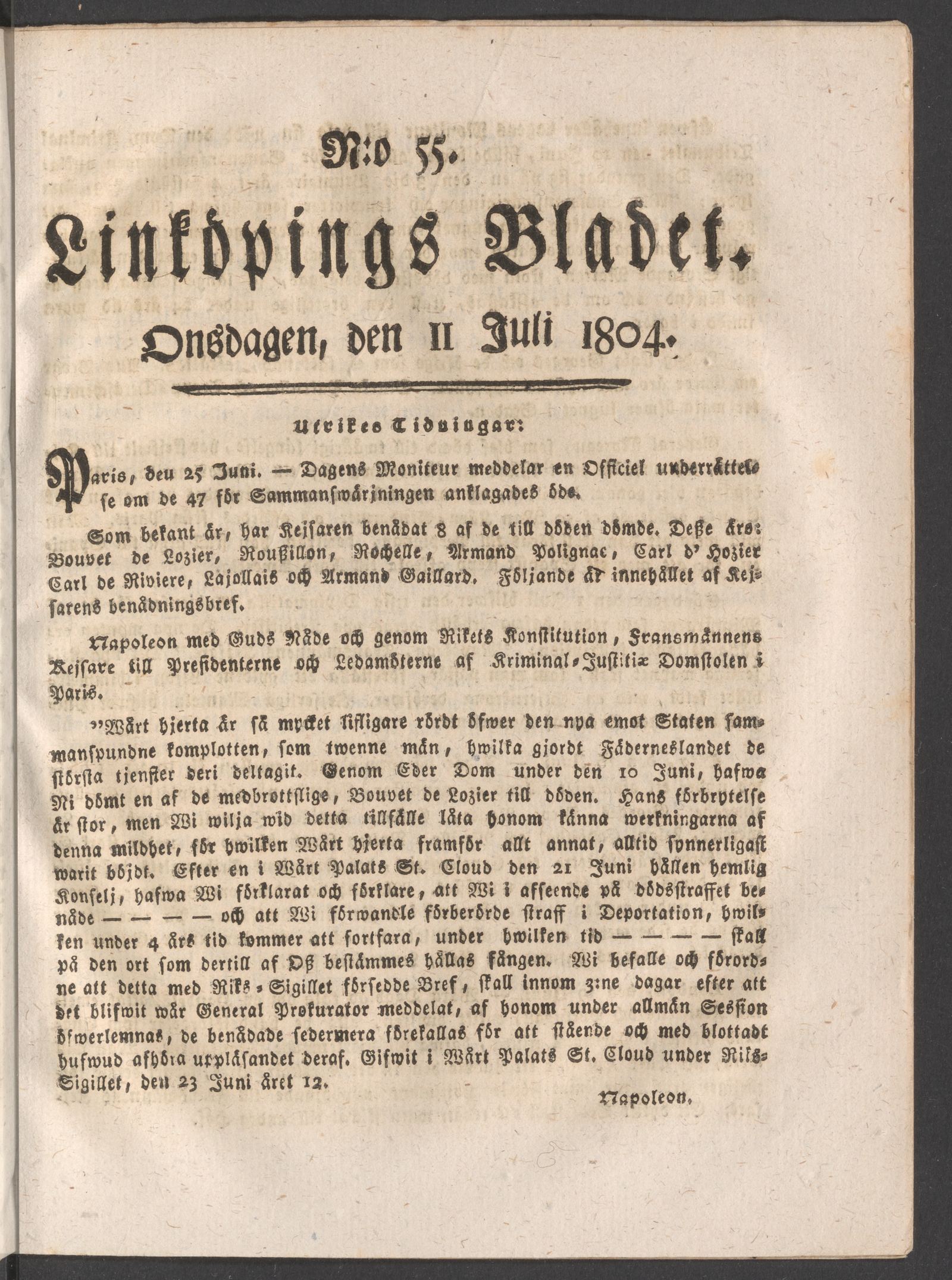 Tidningssida ur LINKÖPINGSBLADET, 1804-07-11