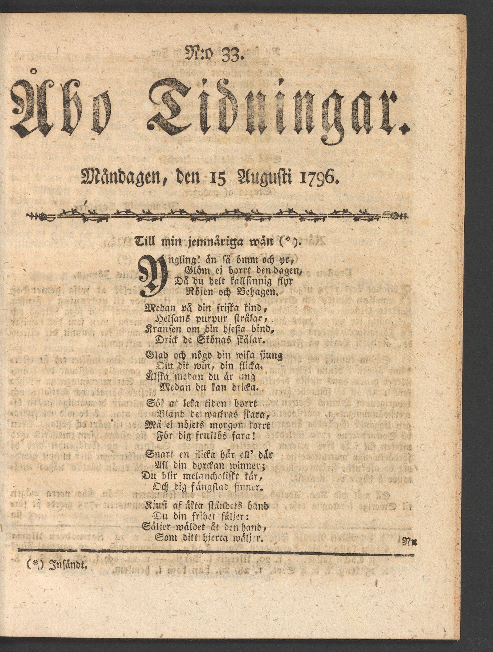 Tidningssida ur ÅBO TIDNINGAR, 1796-08-15