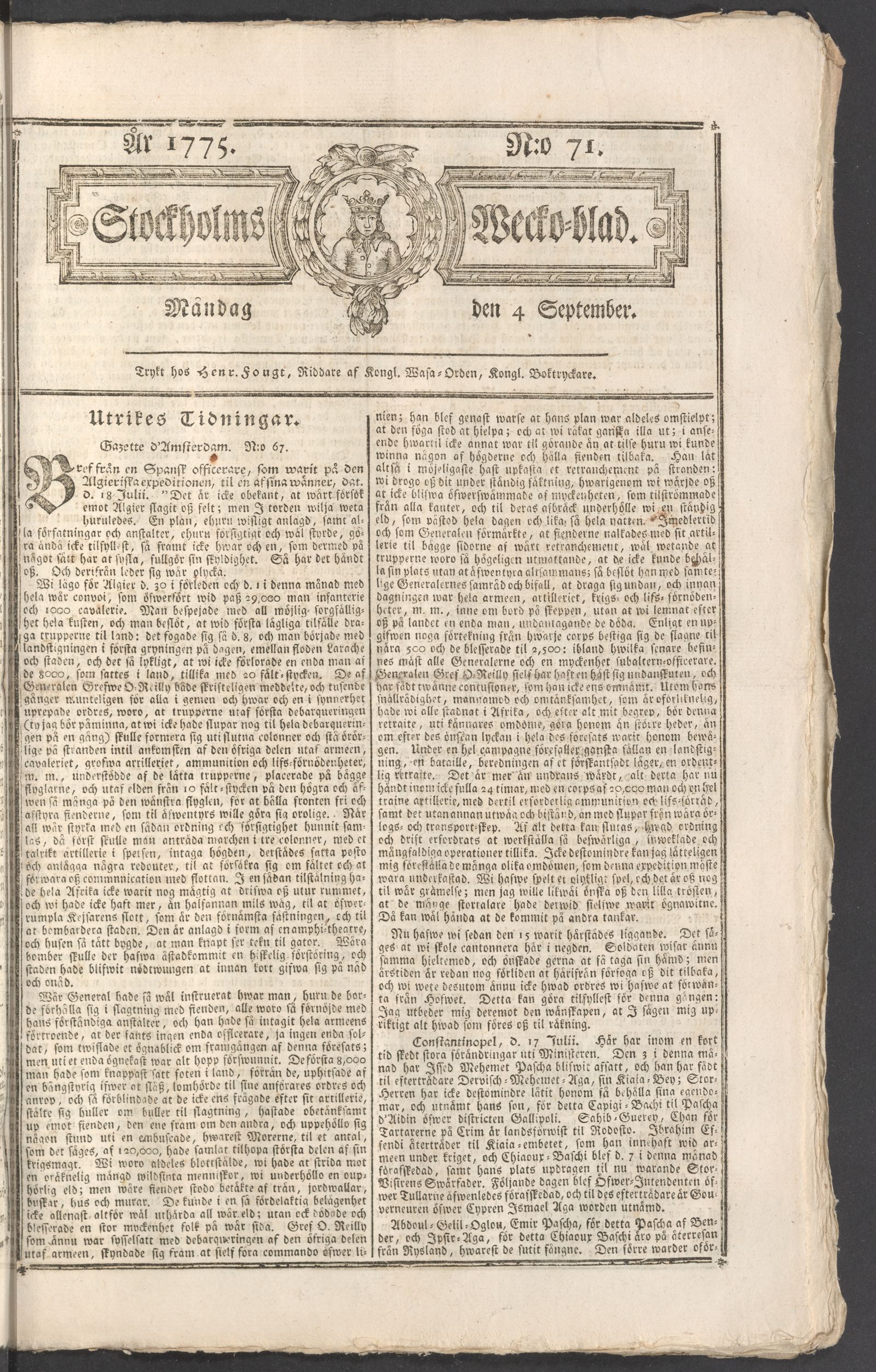 Tidningssida ur STOCKHOLMS WECKOBLAD, 1775-09-04