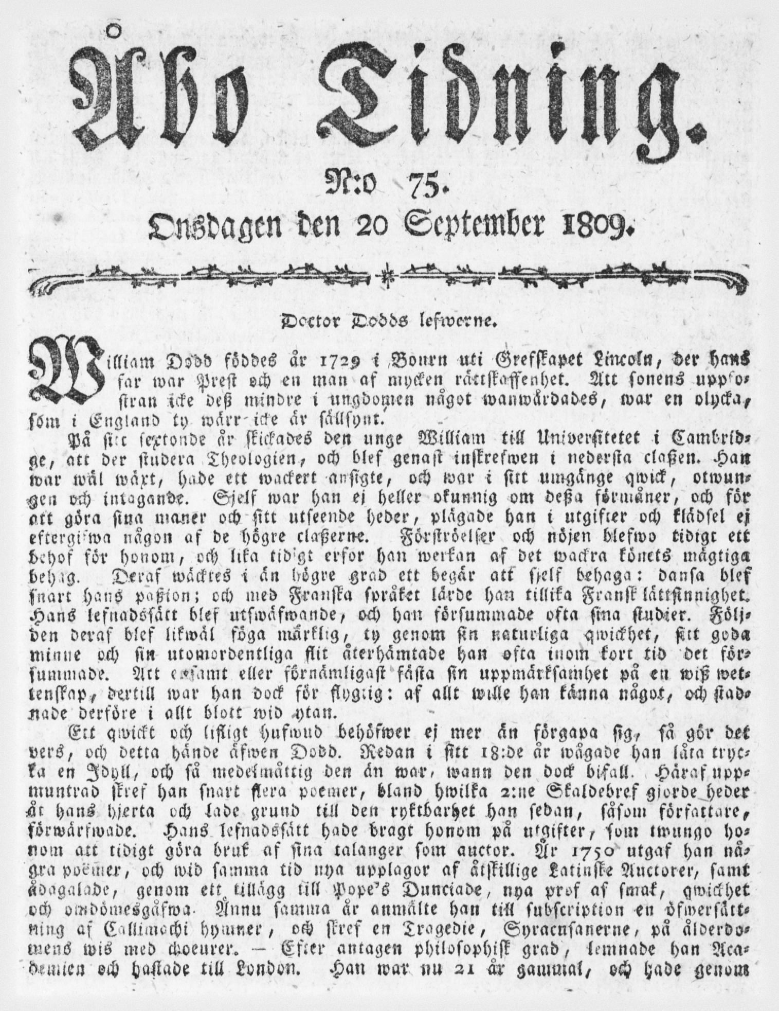 Tidningssida ur ÅBO TIDNING, 1809-09-20