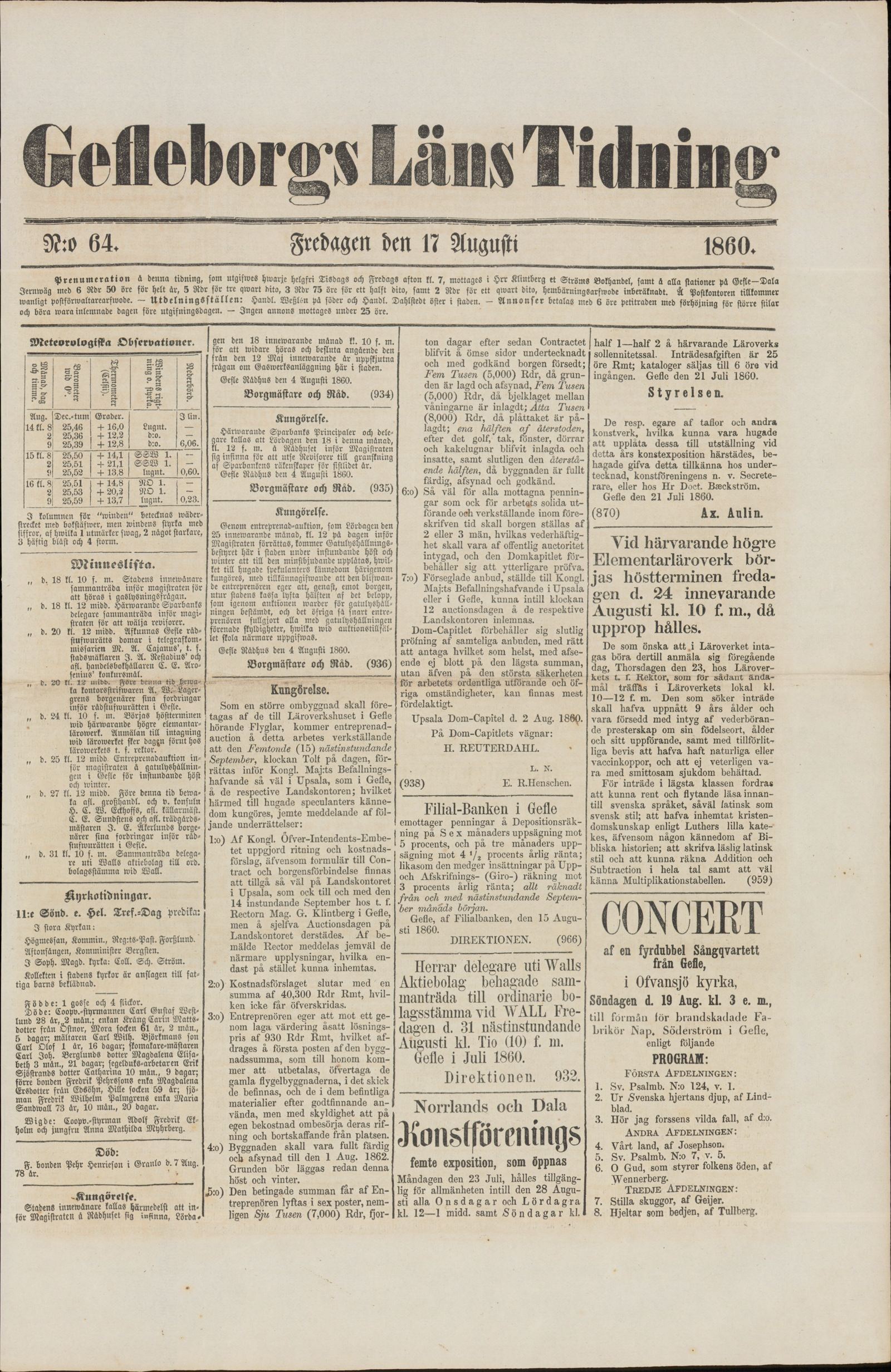 Tidningssida ur GEFLEBORGS LÄNS TIDNING, 1860-08-17
