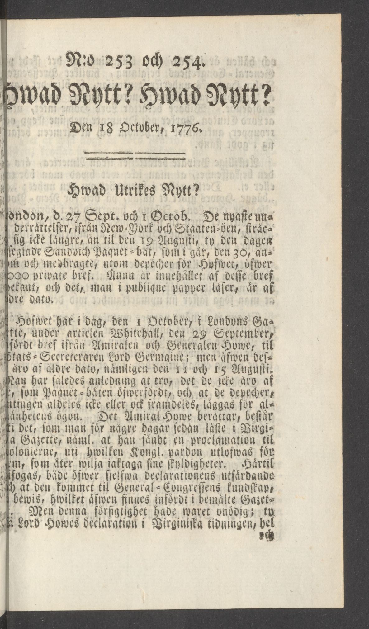 Tidningssida ur HWAD NYTT?, 1776-10-18