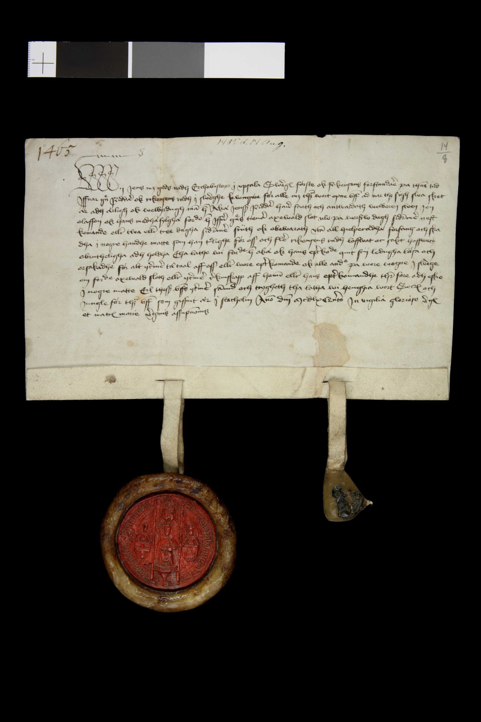 Tidningssida ur Svenskt Diplomatarium, 1465-08-14