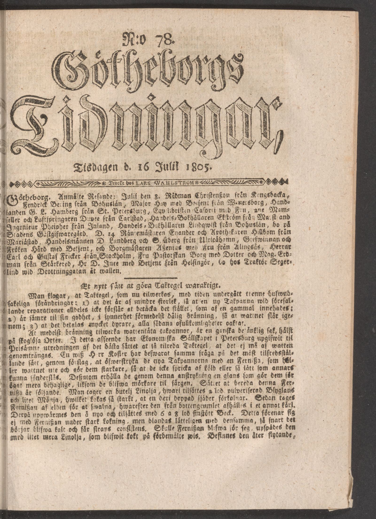 Tidningssida ur GÖTHEBORGS TIDNINGAR, 1805-07-16