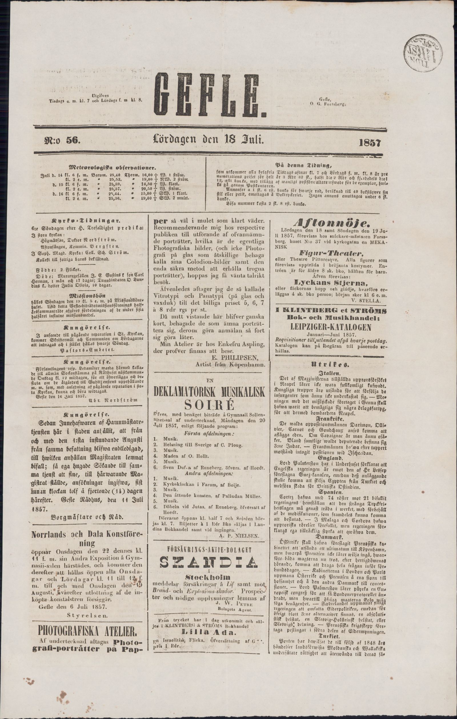 Tidningssida ur GEFLEBORGS LÄNS TIDNING, 1857-07-18