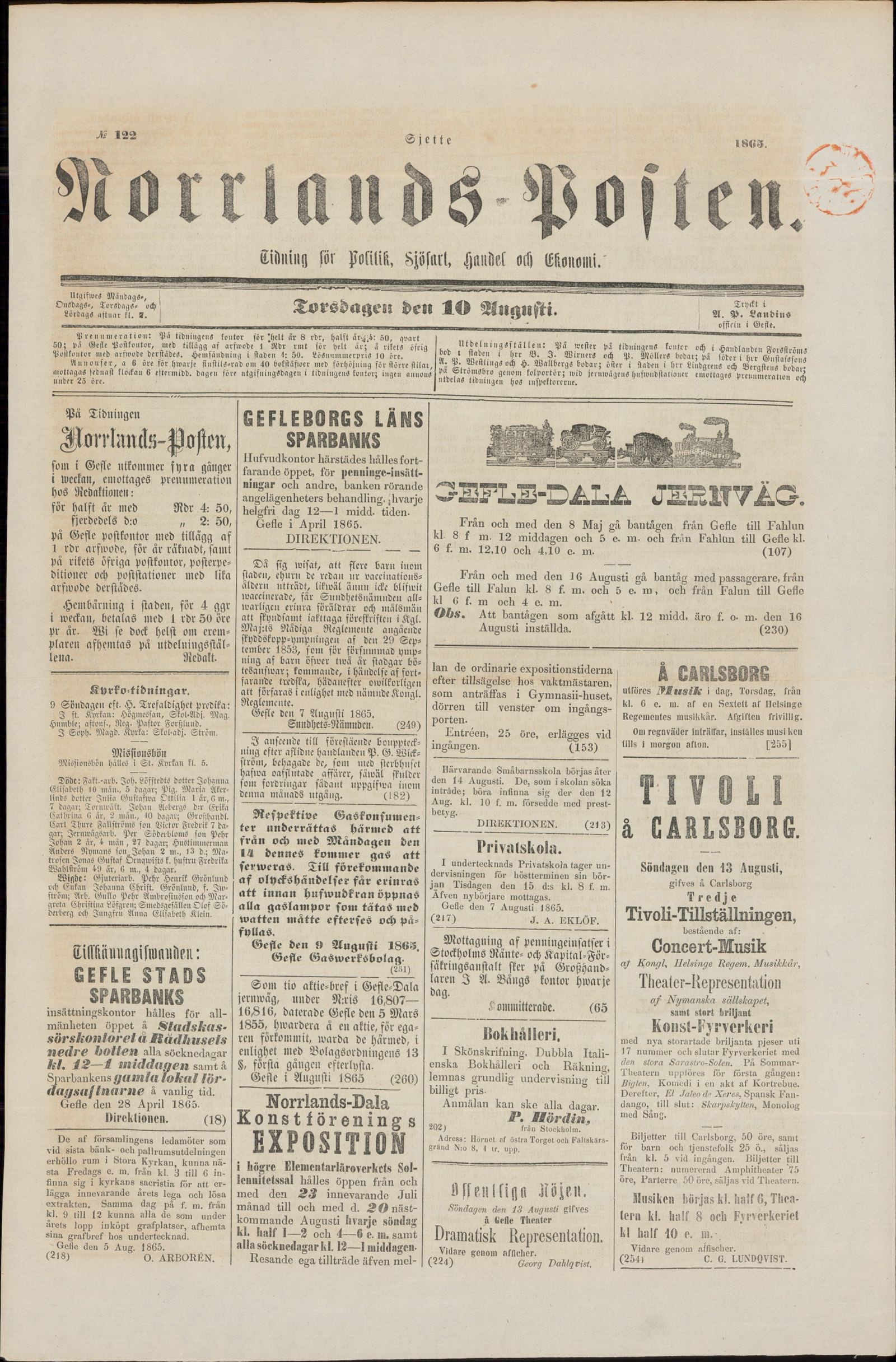 Tidningssida ur NORRLANDSPOSTEN, 1865-08-10
