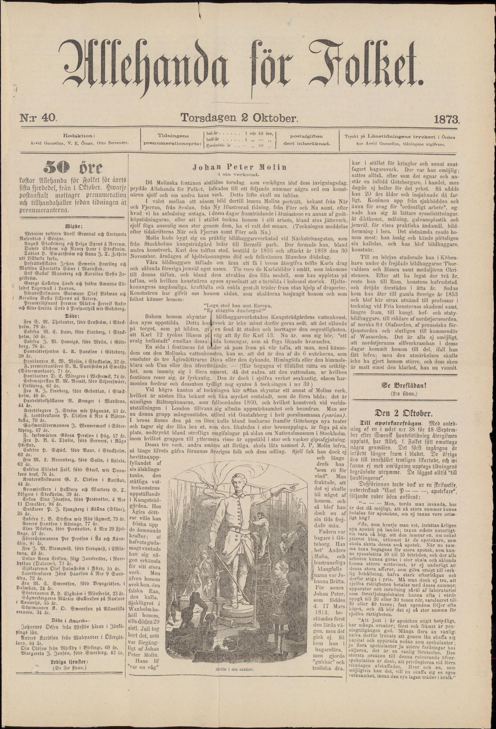 Tidningssida ur Allehanda För Folket, 1873-10-02
