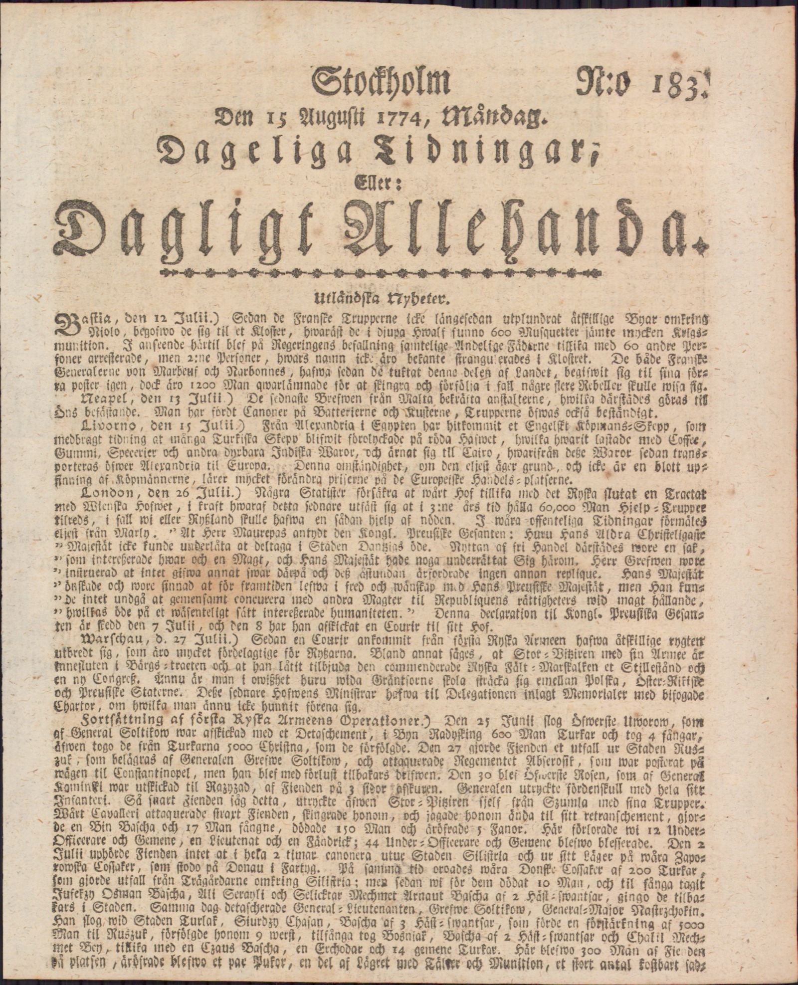 Tidningssida ur DAGLIGT ALLEHANDA, 1774-08-15
