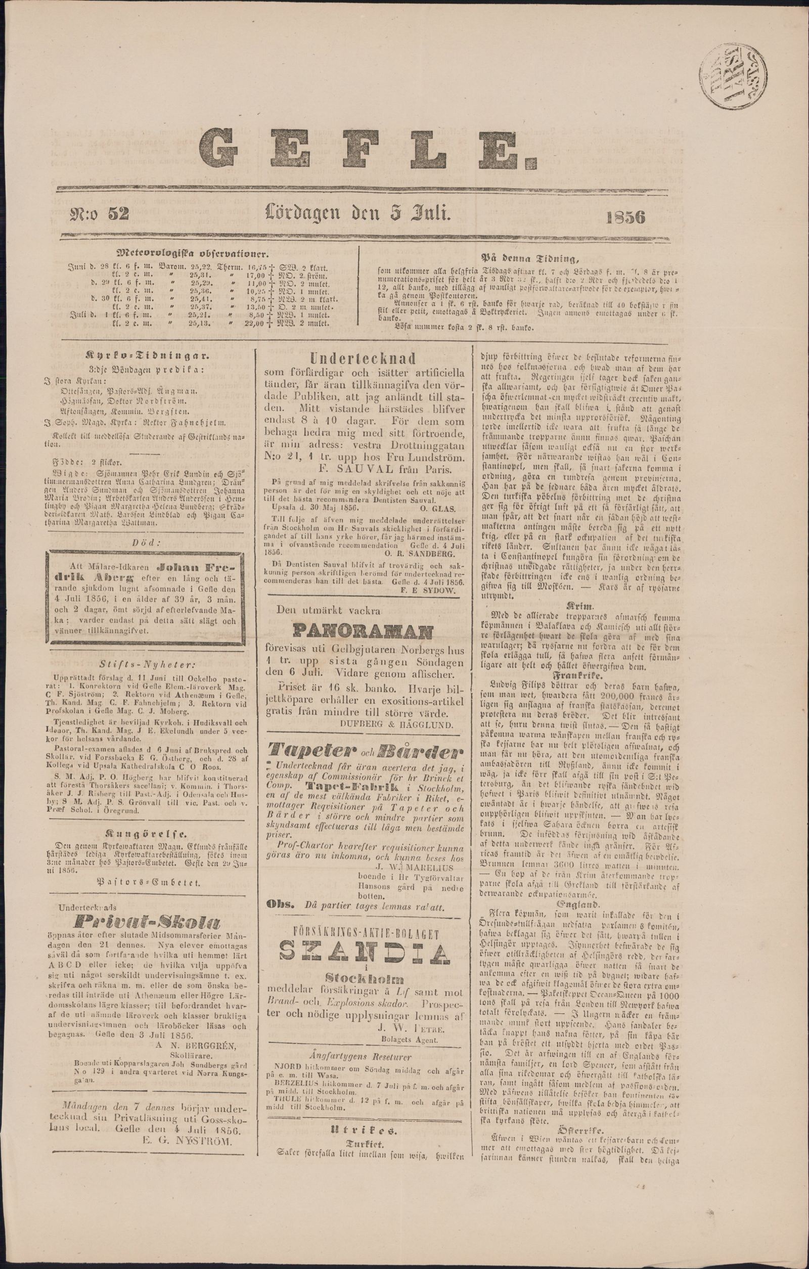 Tidningssida ur GEFLEBORGS LÄNS TIDNING, 1856-07-05