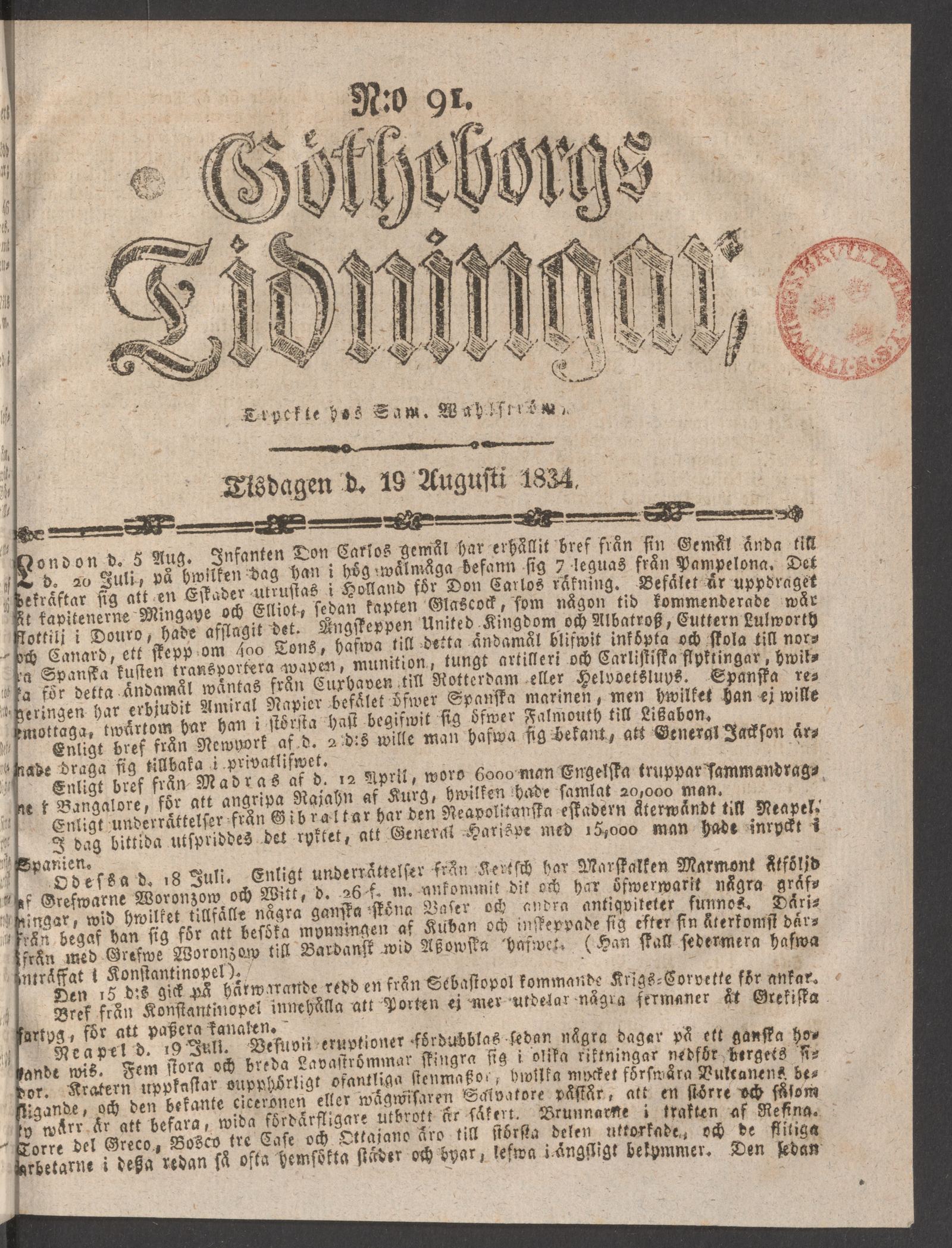 Tidningssida ur GÖTHEBORGS TIDNINGAR, 1834-08-19