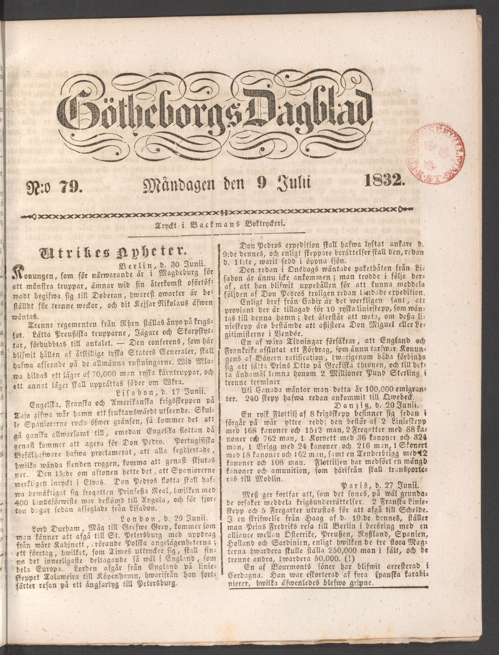 Tidningssida ur GÖTHEBORGS DAGBLAD, 1832-07-09