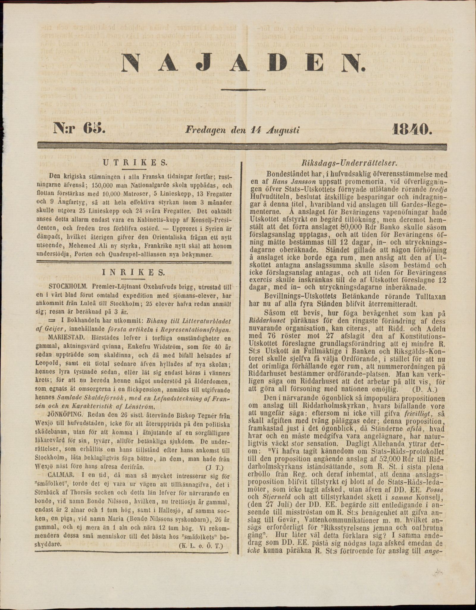 Tidningssida ur NAJADEN, 1840-08-14