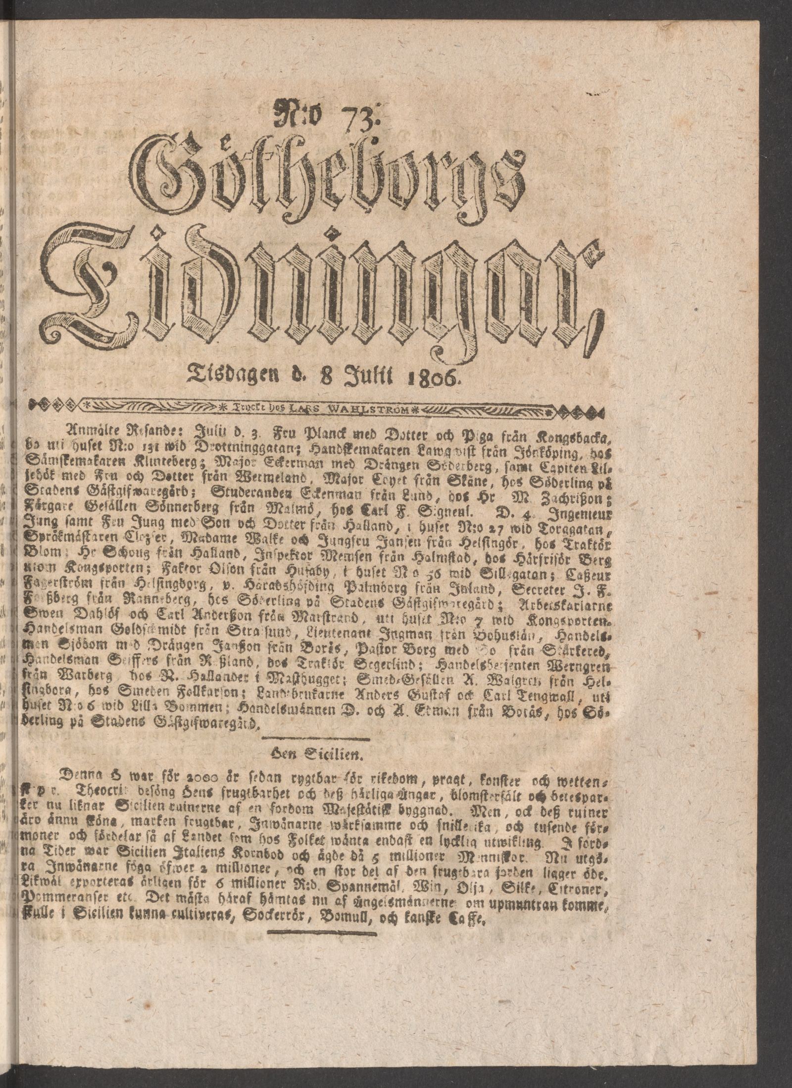 Tidningssida ur GÖTHEBORGS TIDNINGAR, 1806-07-08