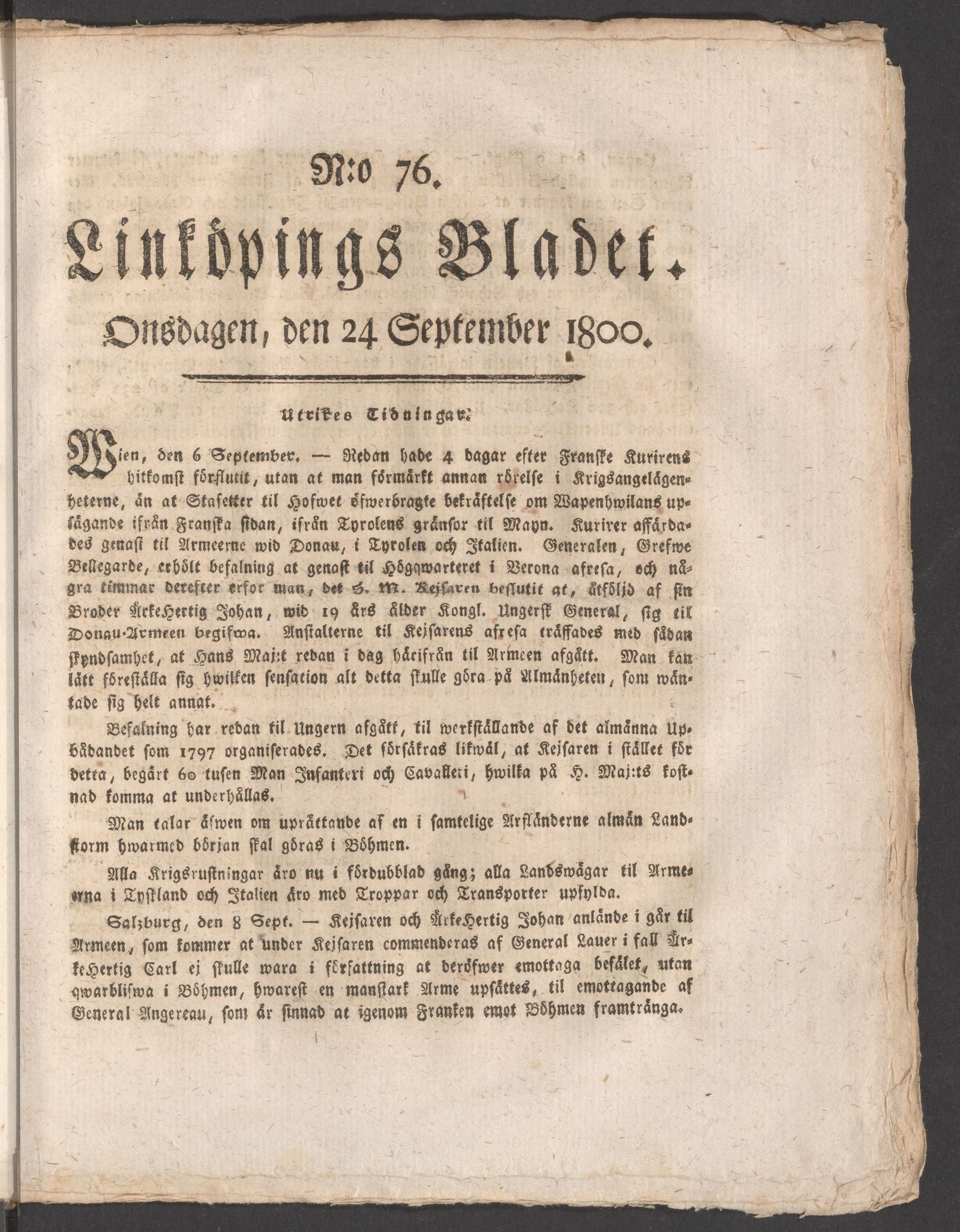 Tidningssida ur LINKÖPINGSBLADET, 1800-09-24