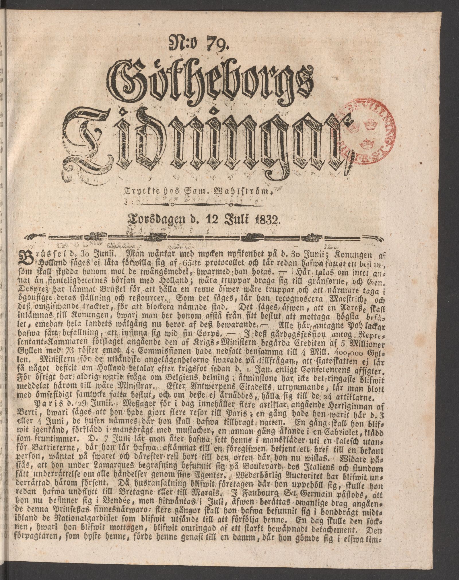 Tidningssida ur GÖTHEBORGS TIDNINGAR, 1832-07-12