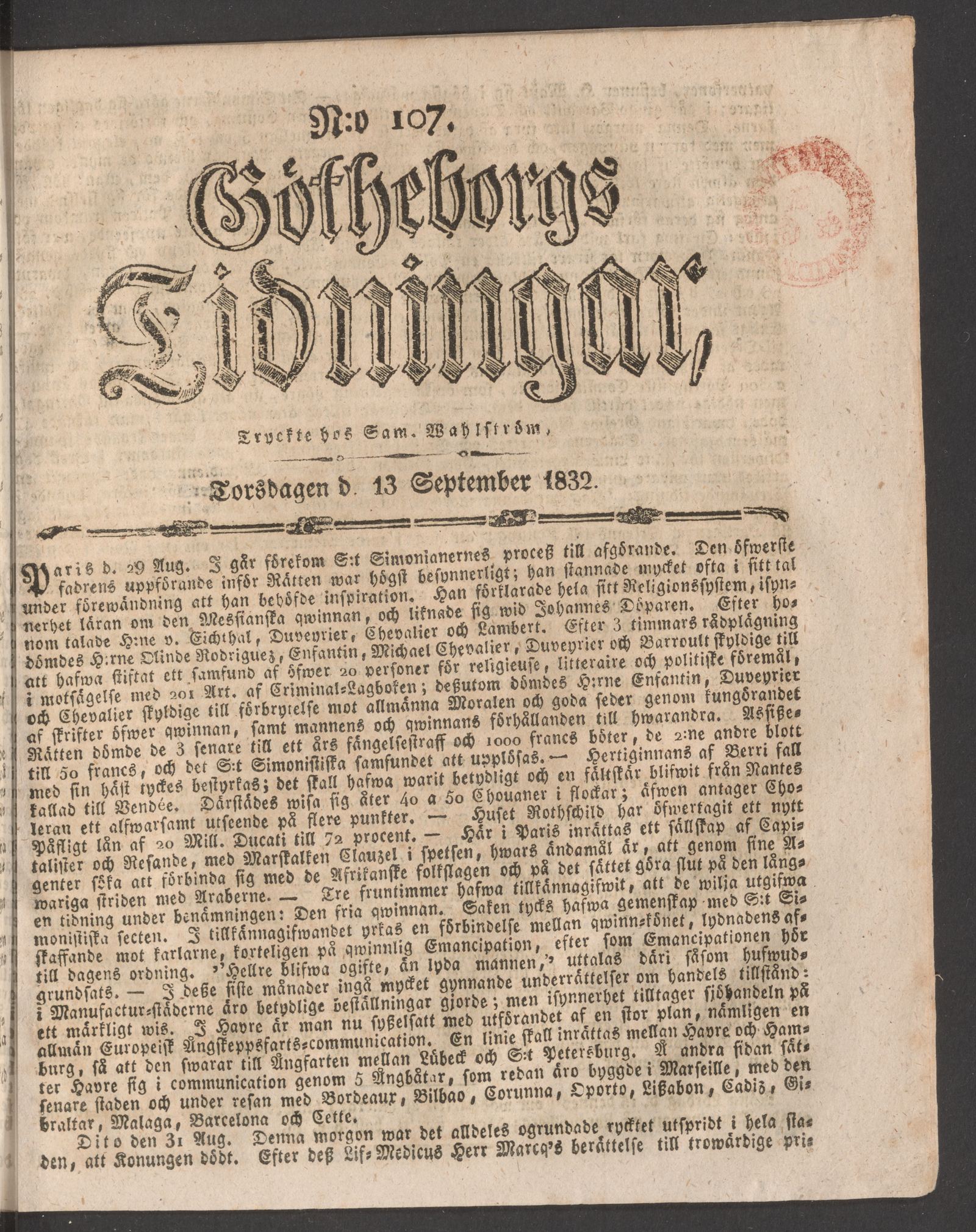 Tidningssida ur GÖTHEBORGS TIDNINGAR, 1832-09-13