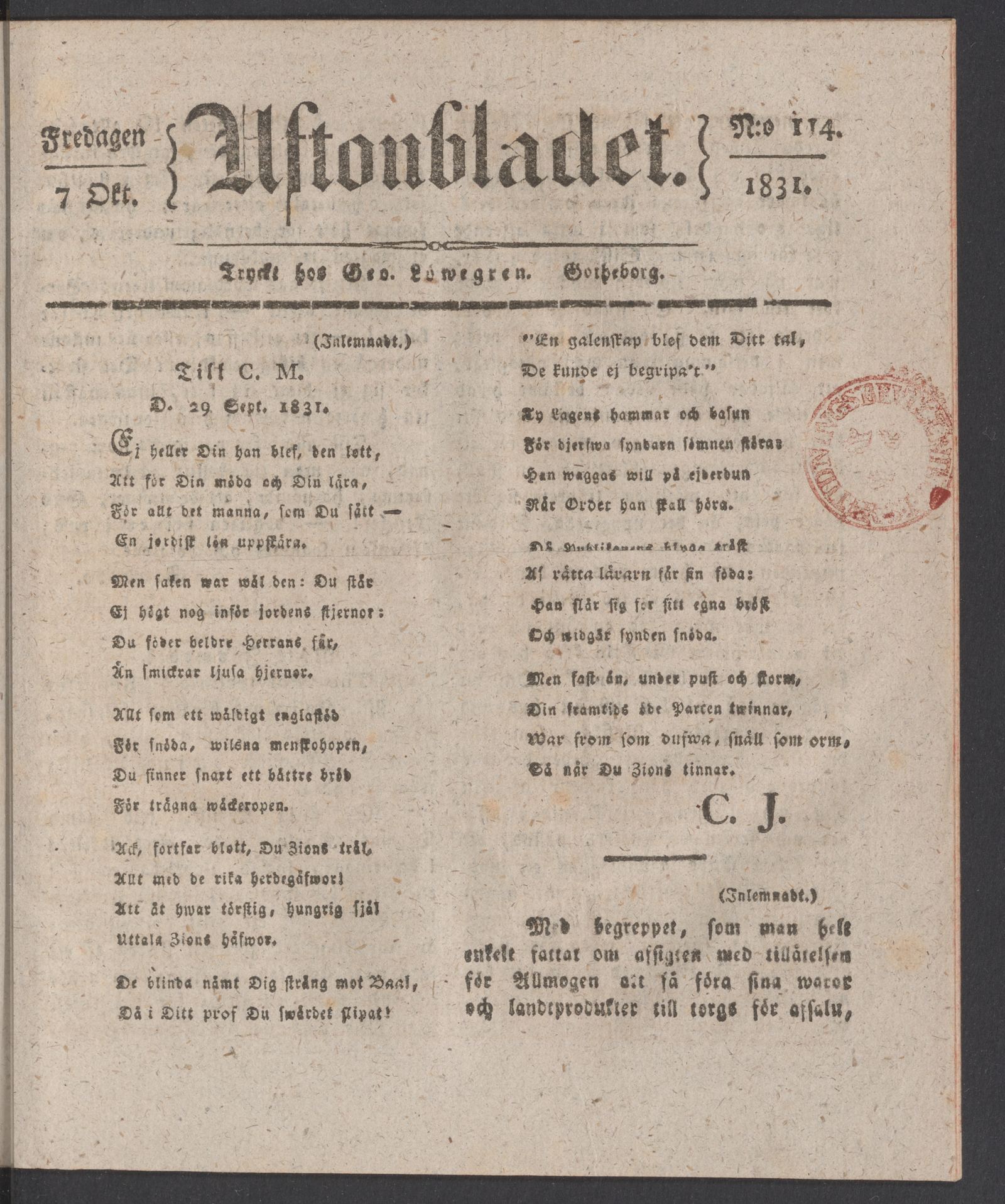 Tidningssida ur AFTONBLADET, 1831-10-07