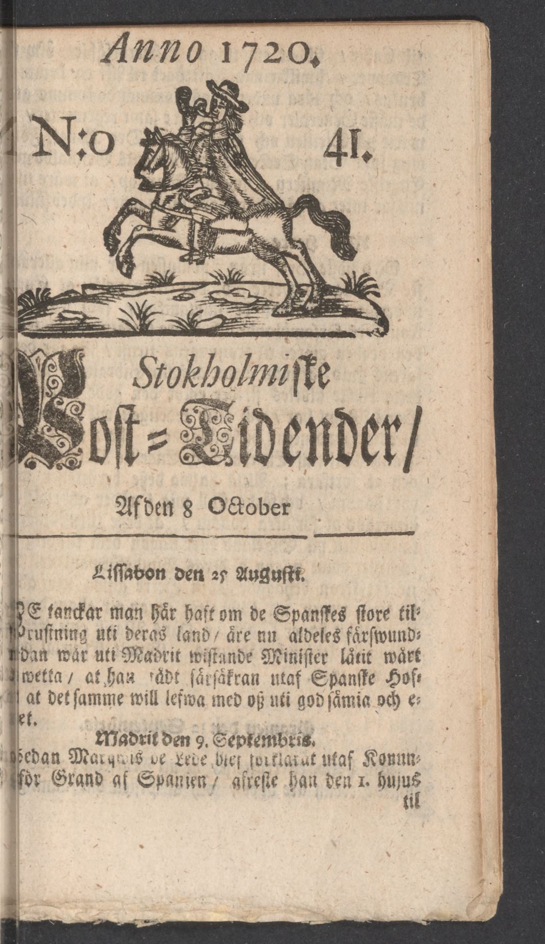 Tidningssida ur POSTTIDNINGAR, 1720-10-08