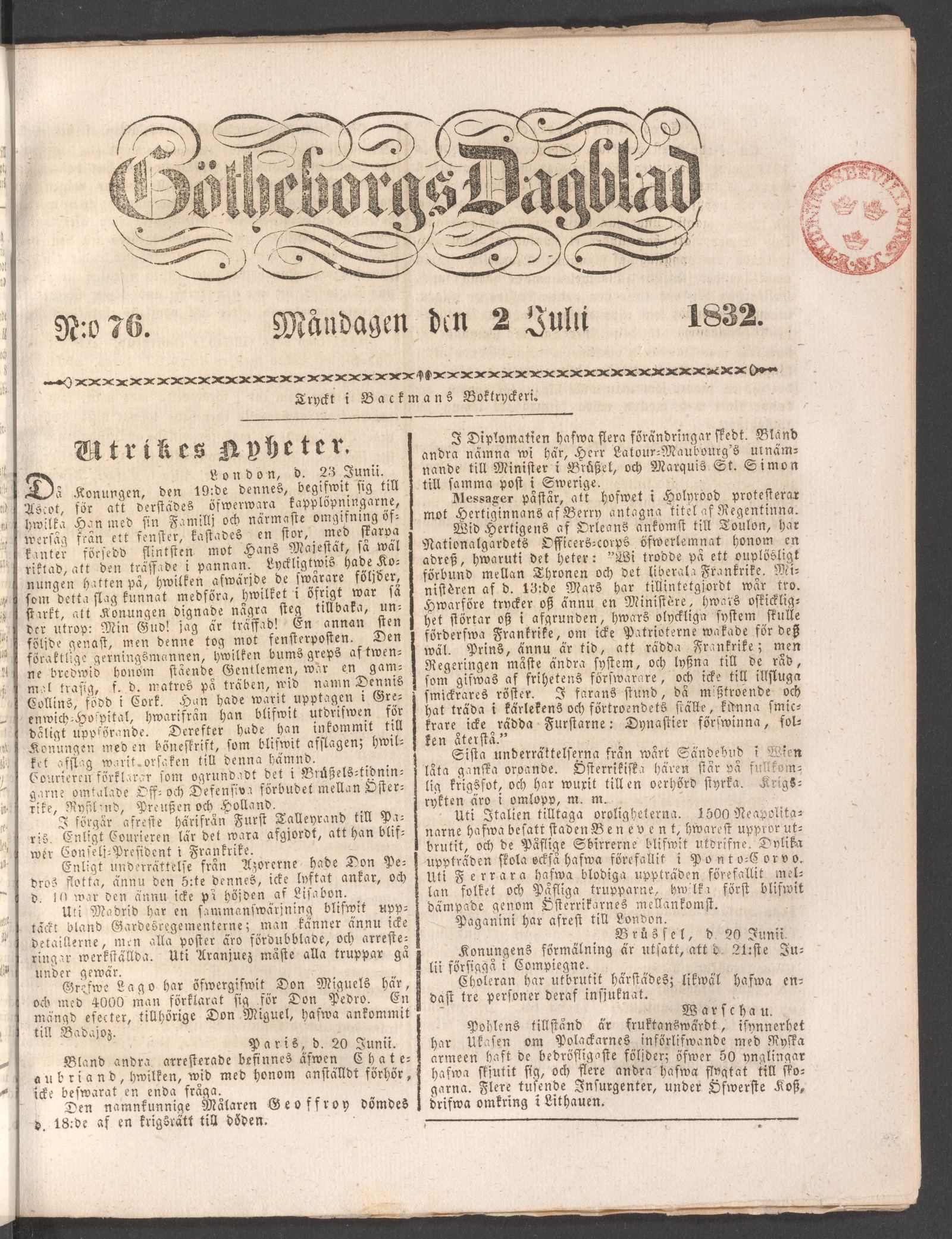 Tidningssida ur GÖTHEBORGS DAGBLAD, 1832-07-02