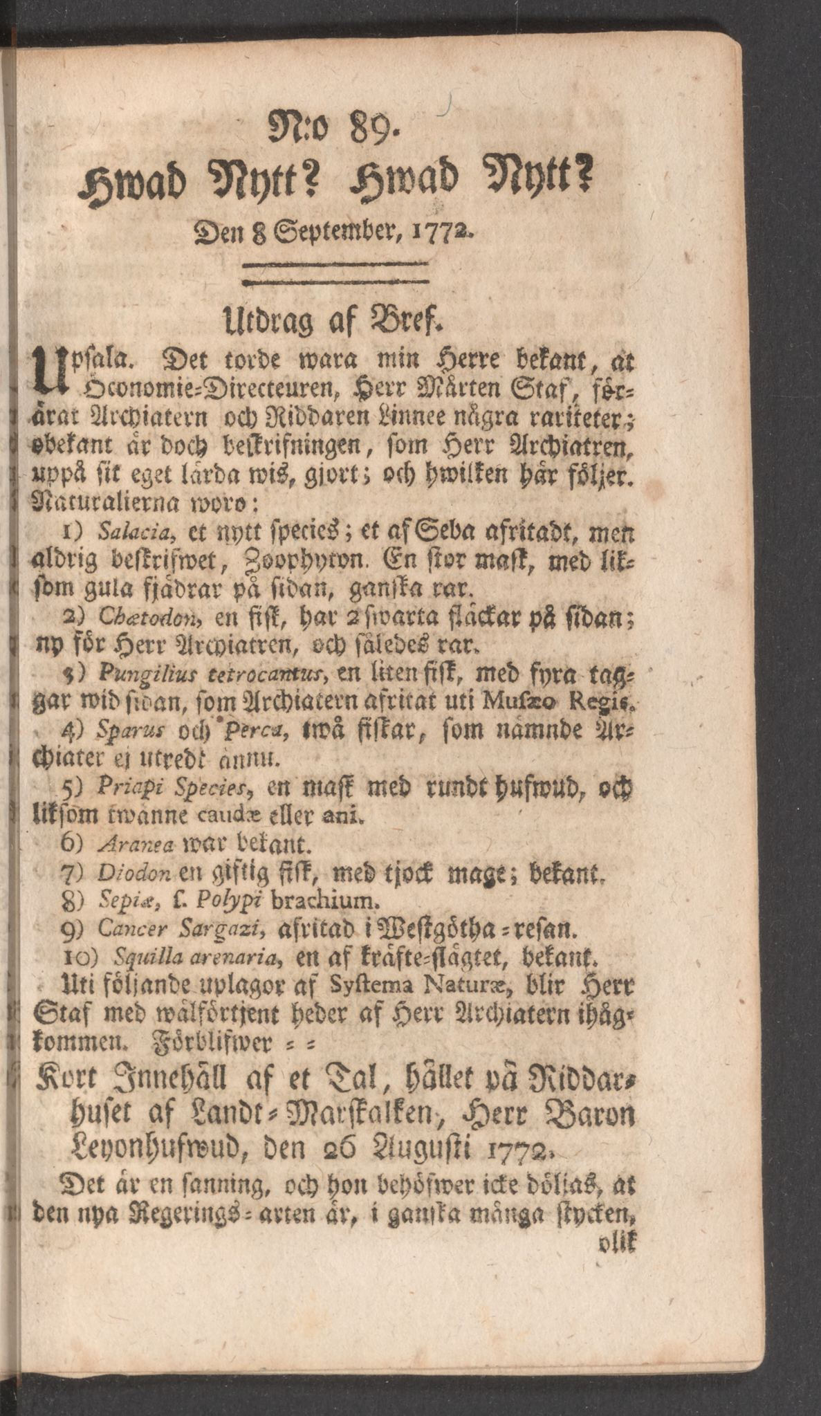 Tidningssida ur HWAD NYTT?, 1772-09-08