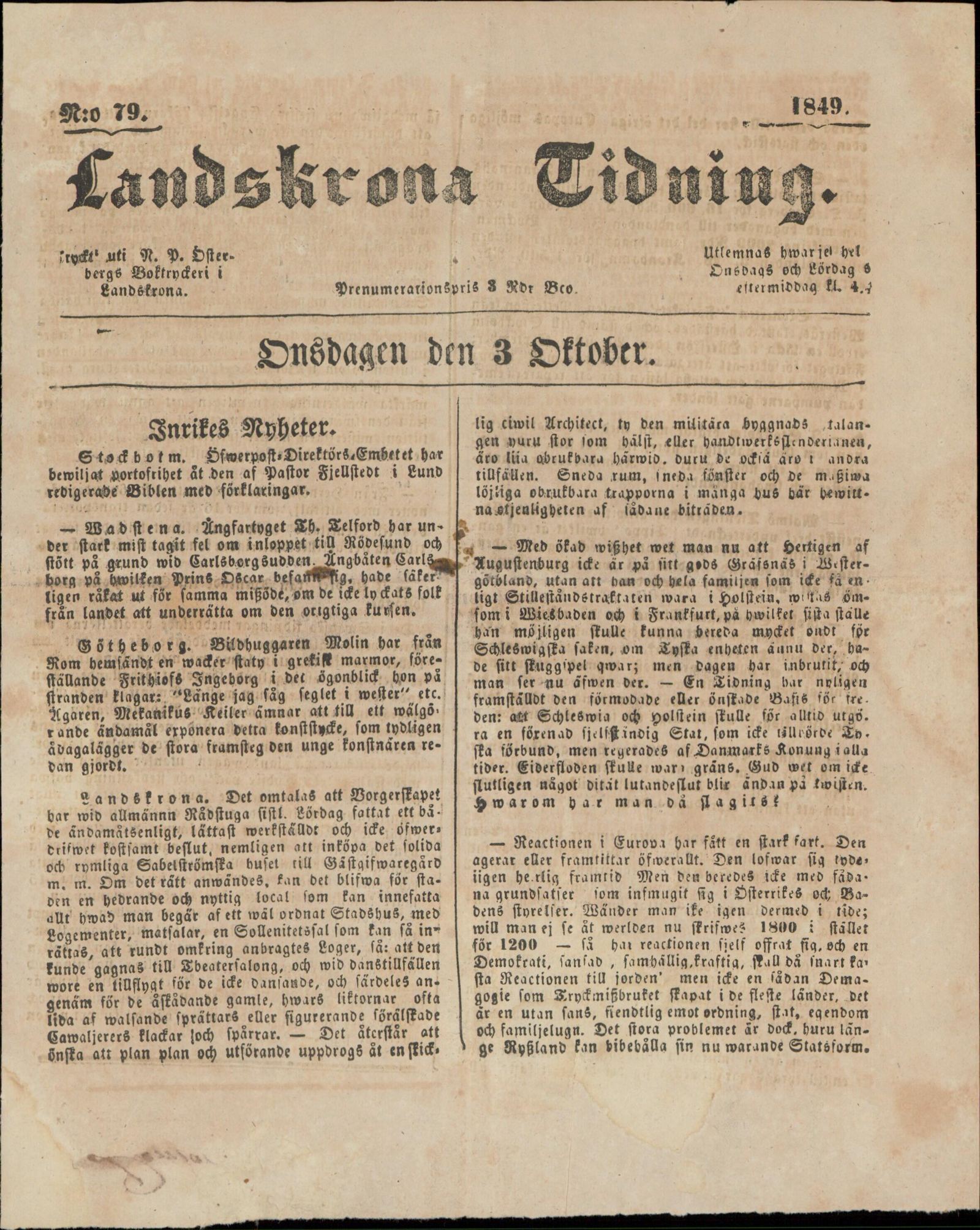 Tidningssida ur Landskrona Tidning, 1849-10-03