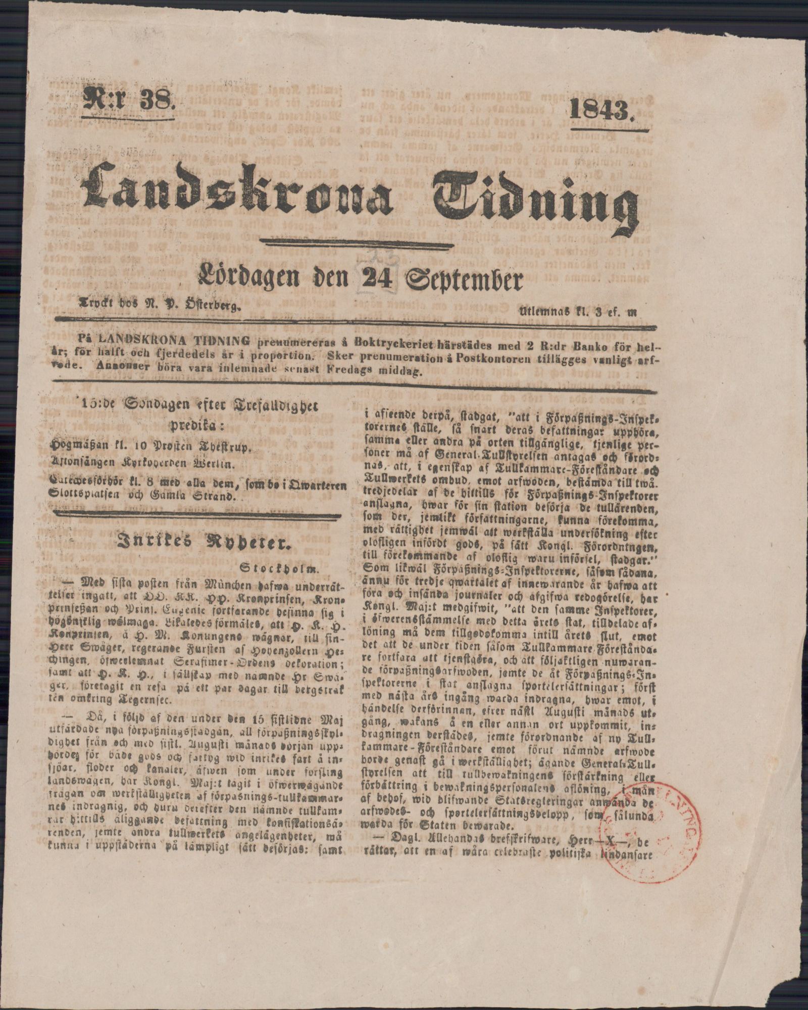 Tidningssida ur LANDSKRONA TIDNING, 1843-09-24