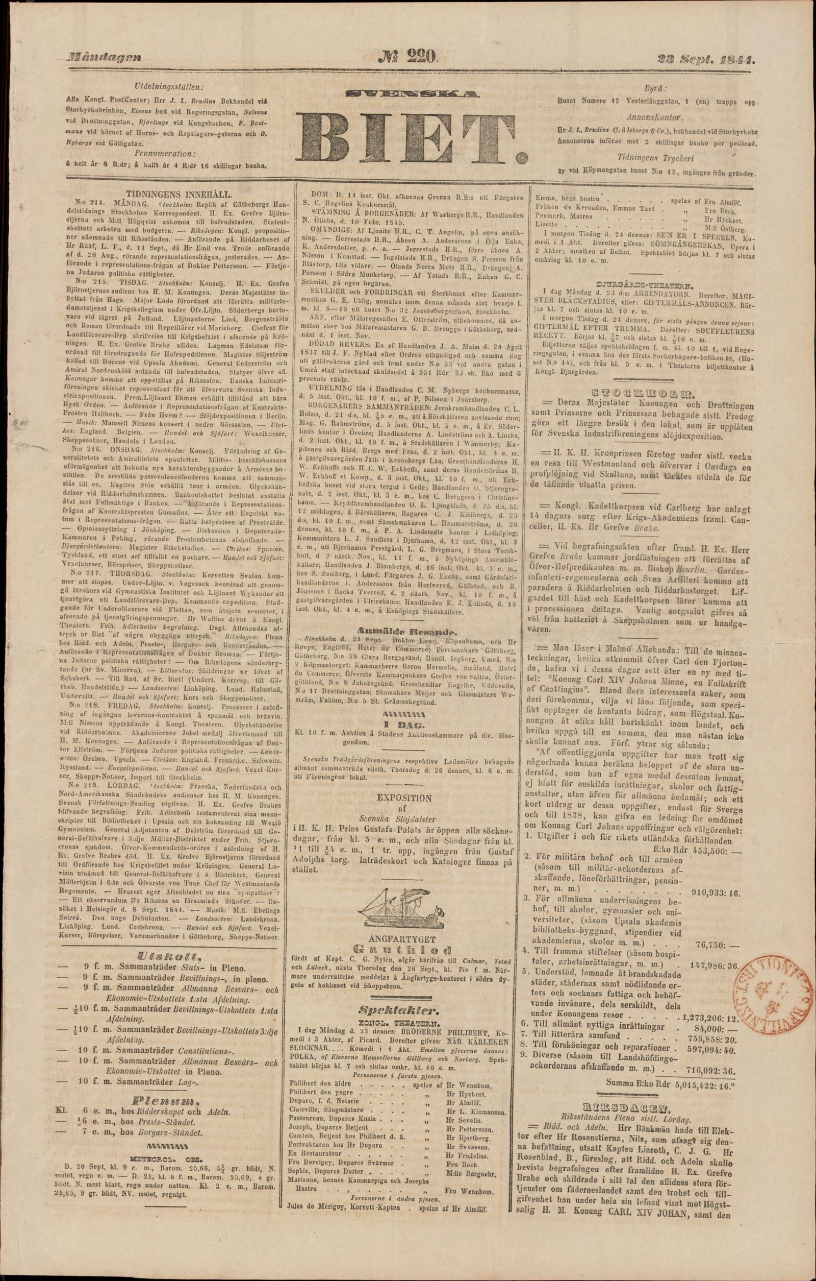 Tidningssida ur SVENSKA BIET, 1844-09-23