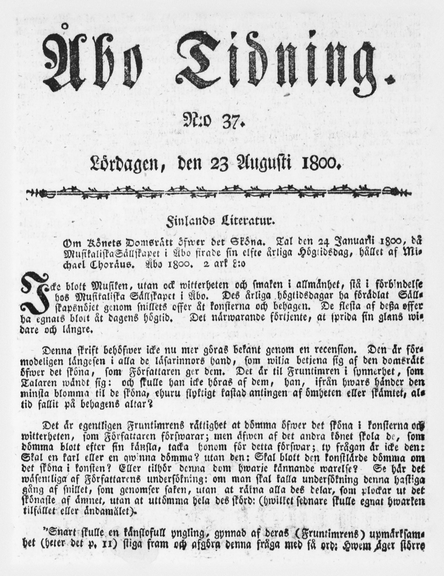 Tidningssida ur ÅBO TIDNING, 1800-08-23