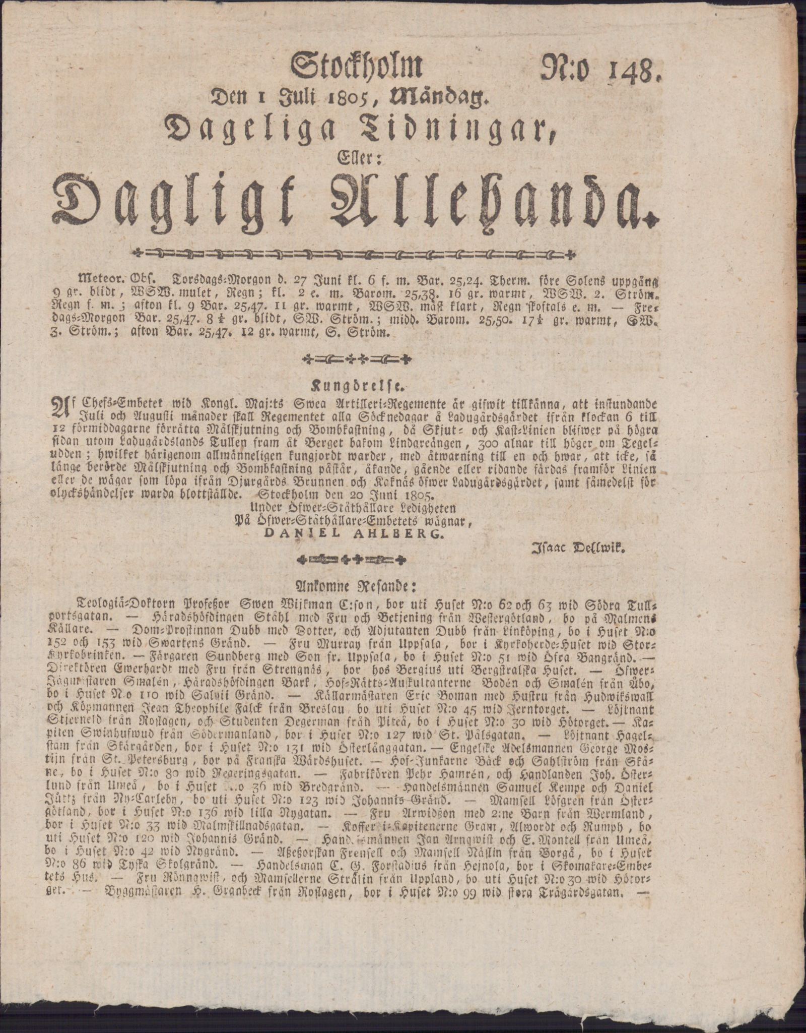 Tidningssida ur DAGLIGT ALLEHANDA, 1805-07-01