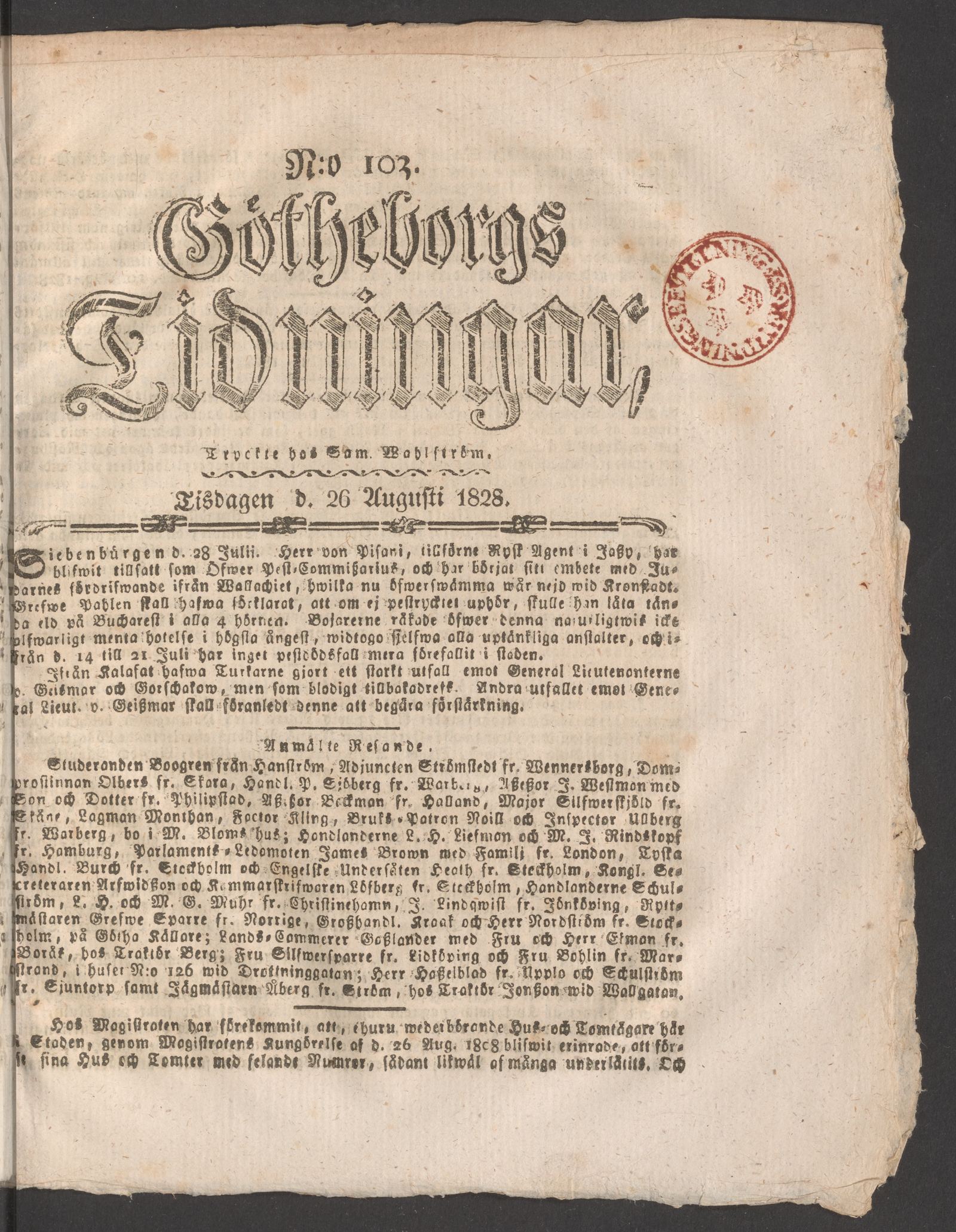 Tidningssida ur GÖTHEBORGS TIDNINGAR, 1828-08-26