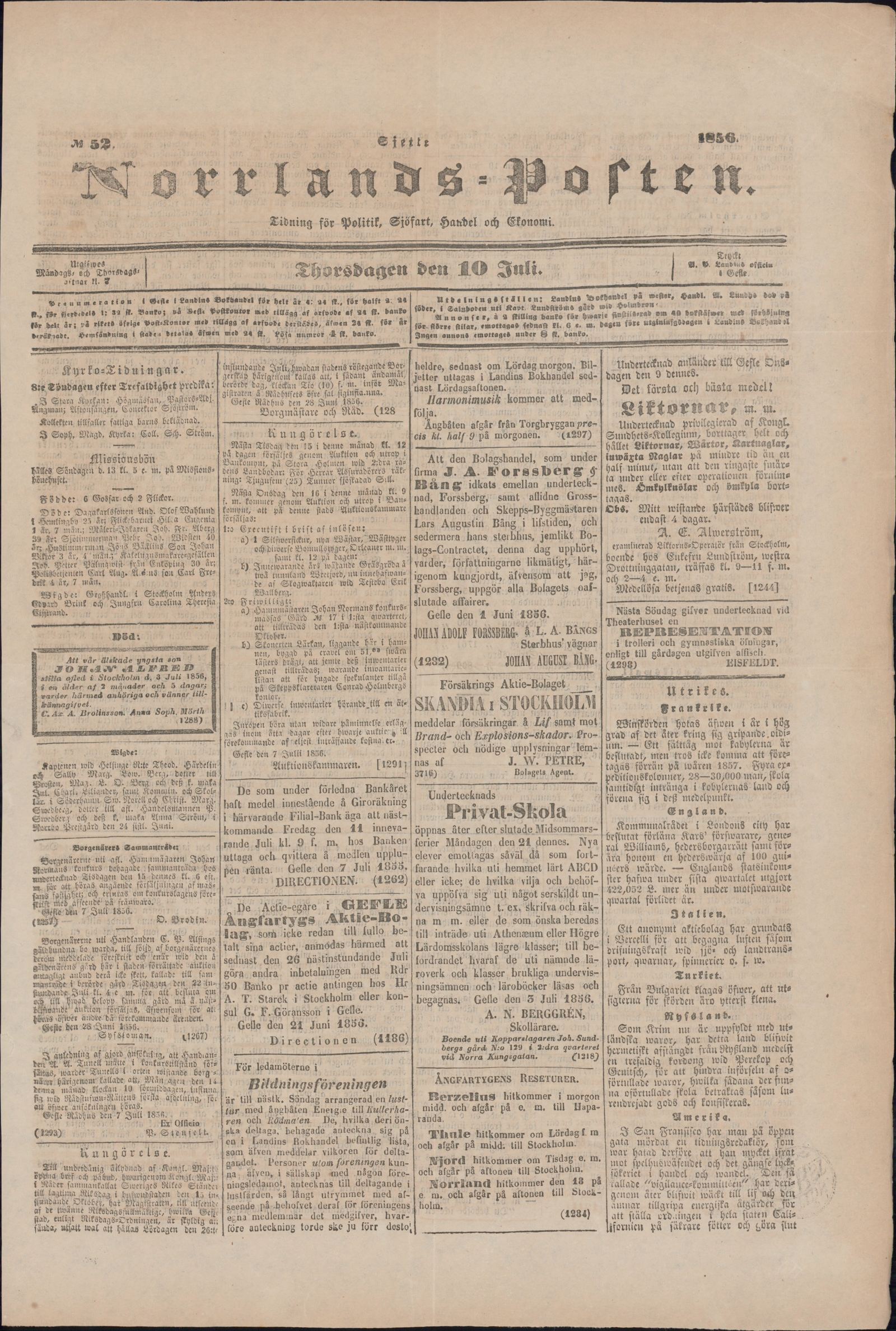 Tidningssida ur NORRLANDSPOSTEN, 1856-07-10
