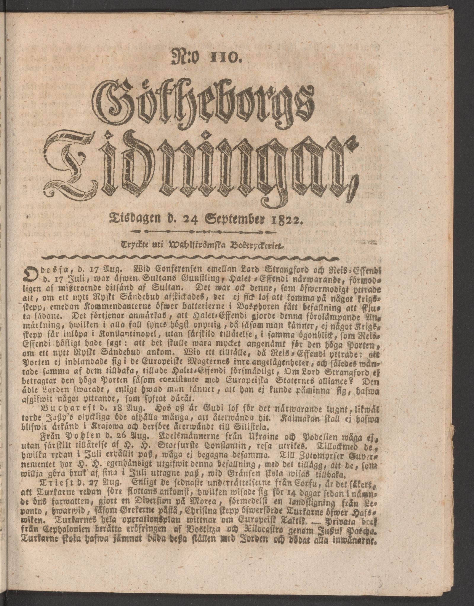 Tidningssida ur GÖTHEBORGS TIDNINGAR, 1822-09-24