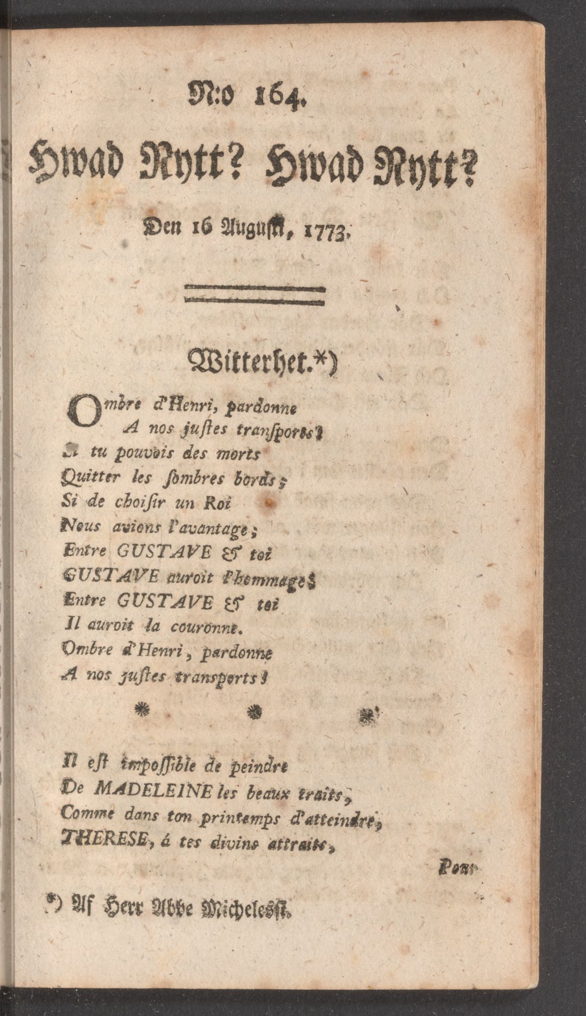 Tidningssida ur HWAD NYTT?, 1773-08-16